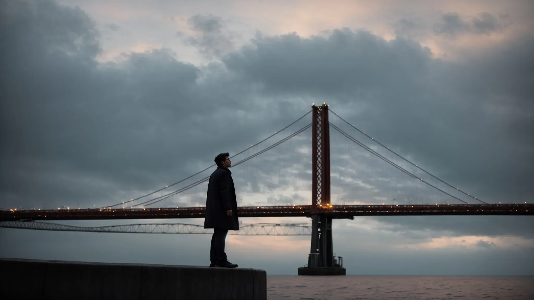 a filmmaker thoughtfully composes a scene by positioning the actor beneath a towering bridge, capturing a low angle shot that imbues the character with an aura of grandeur against the evening sky.