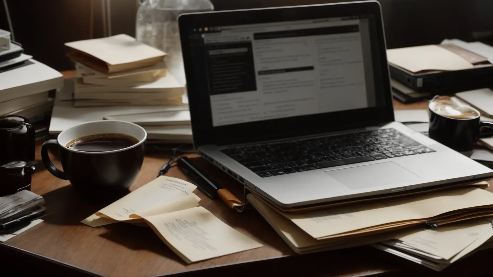 a laptop on a cluttered desk with screenplay formatting visible on the screen, surrounded by scattered notes and a steaming cup of coffee.