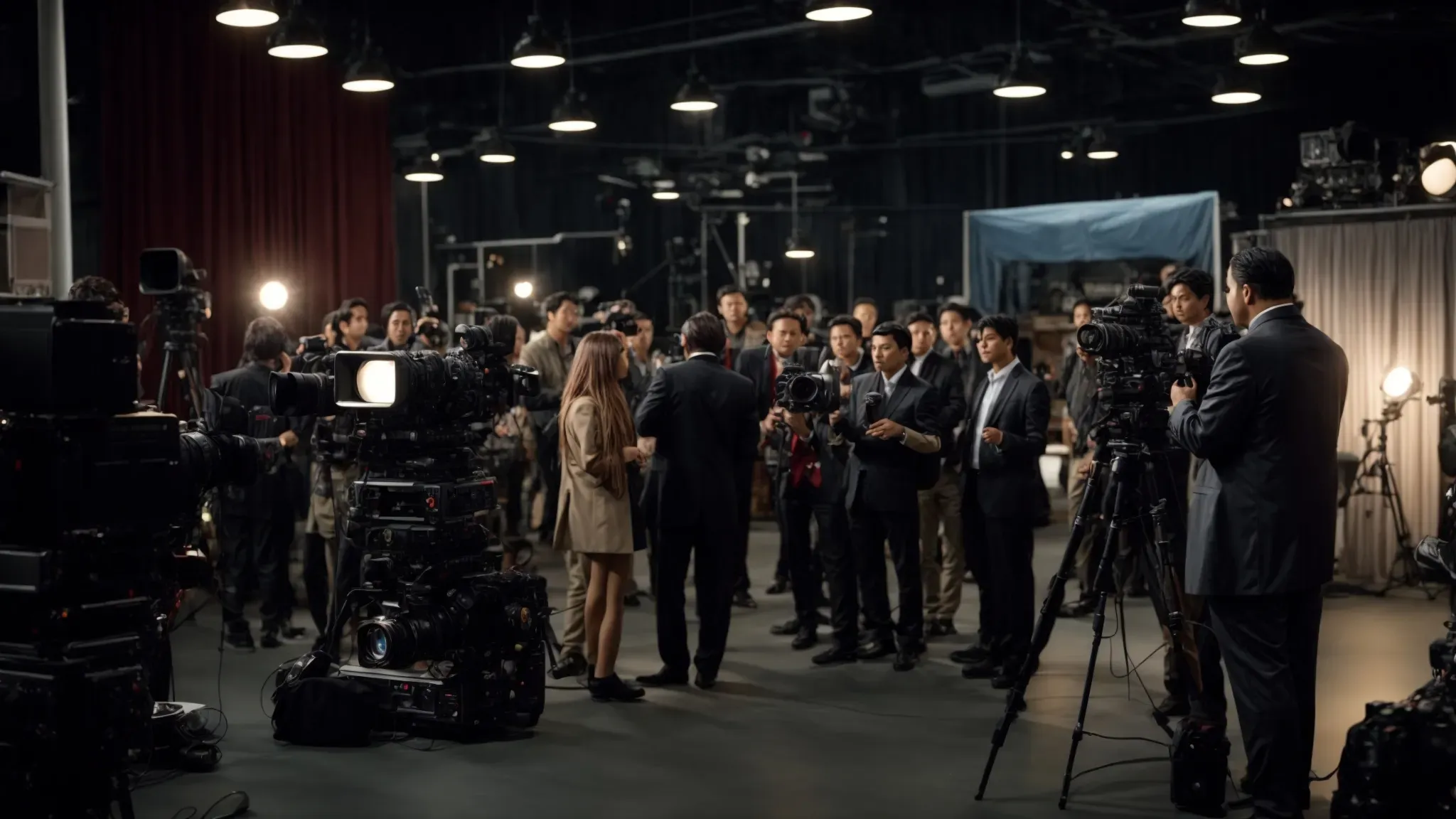 a director and crew engaged in an animated discussion on a bustling film set with cameras and lights in the background.