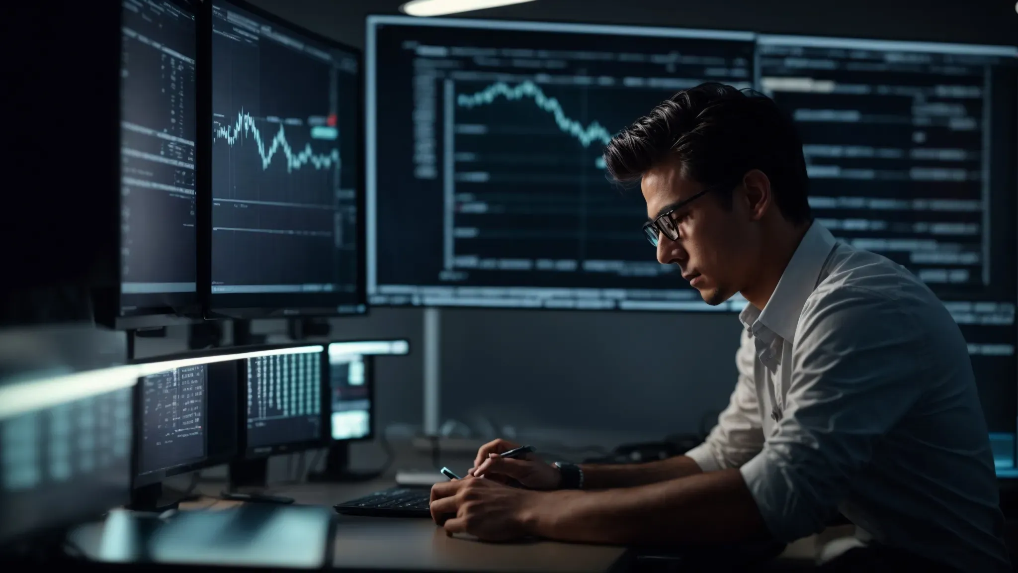 a film producer is intently studying a glowing computer screen, displaying a modern and sophisticated budgeting software interface.