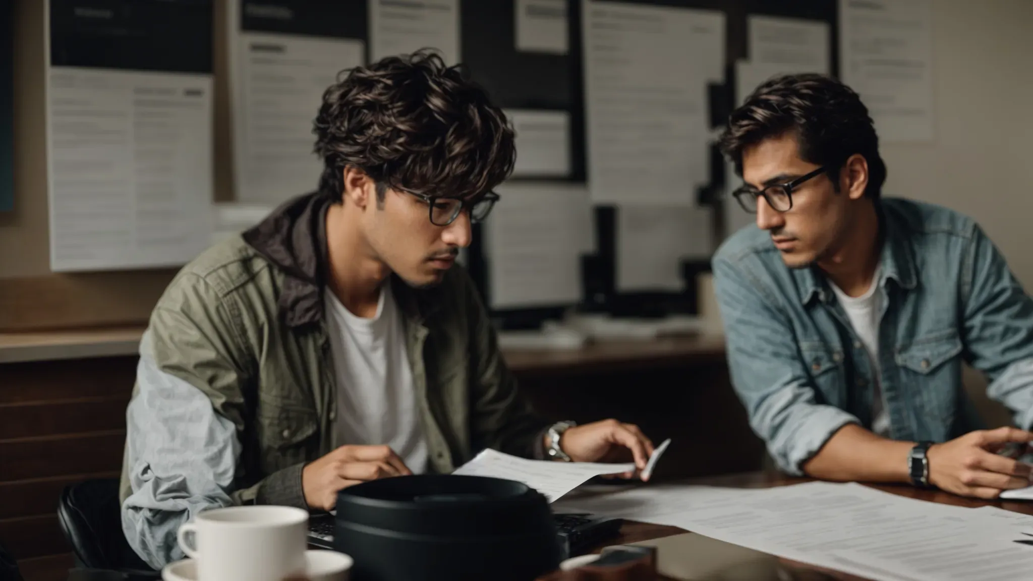 a filmmaker and a producer intently discussing over a table scattered with scripts, a laptop open with a budget spreadsheet, and a camera on the side.