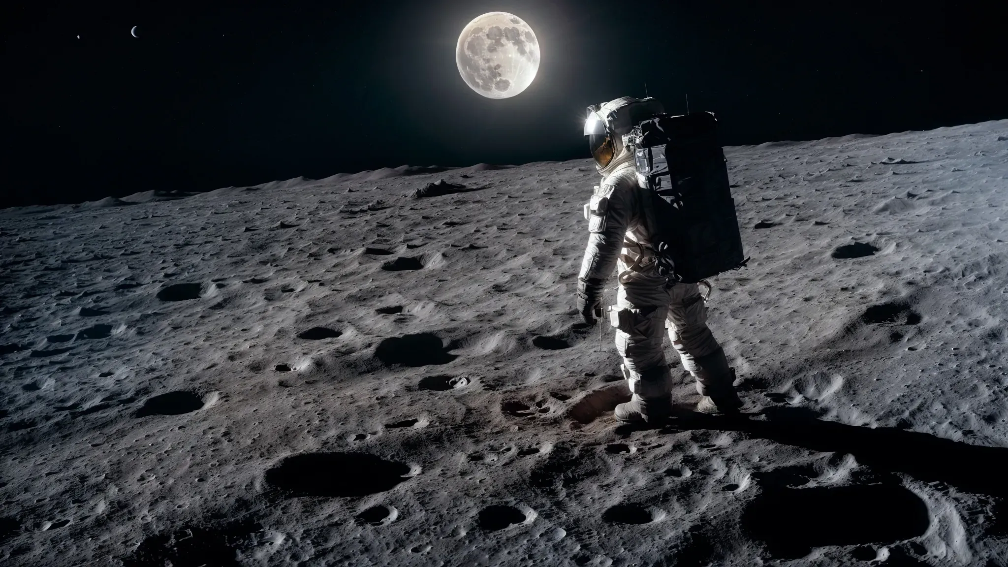 a lone astronaut reflects pensively on the stark, cratered landscape of the moon, with earth looming in the black sky above.