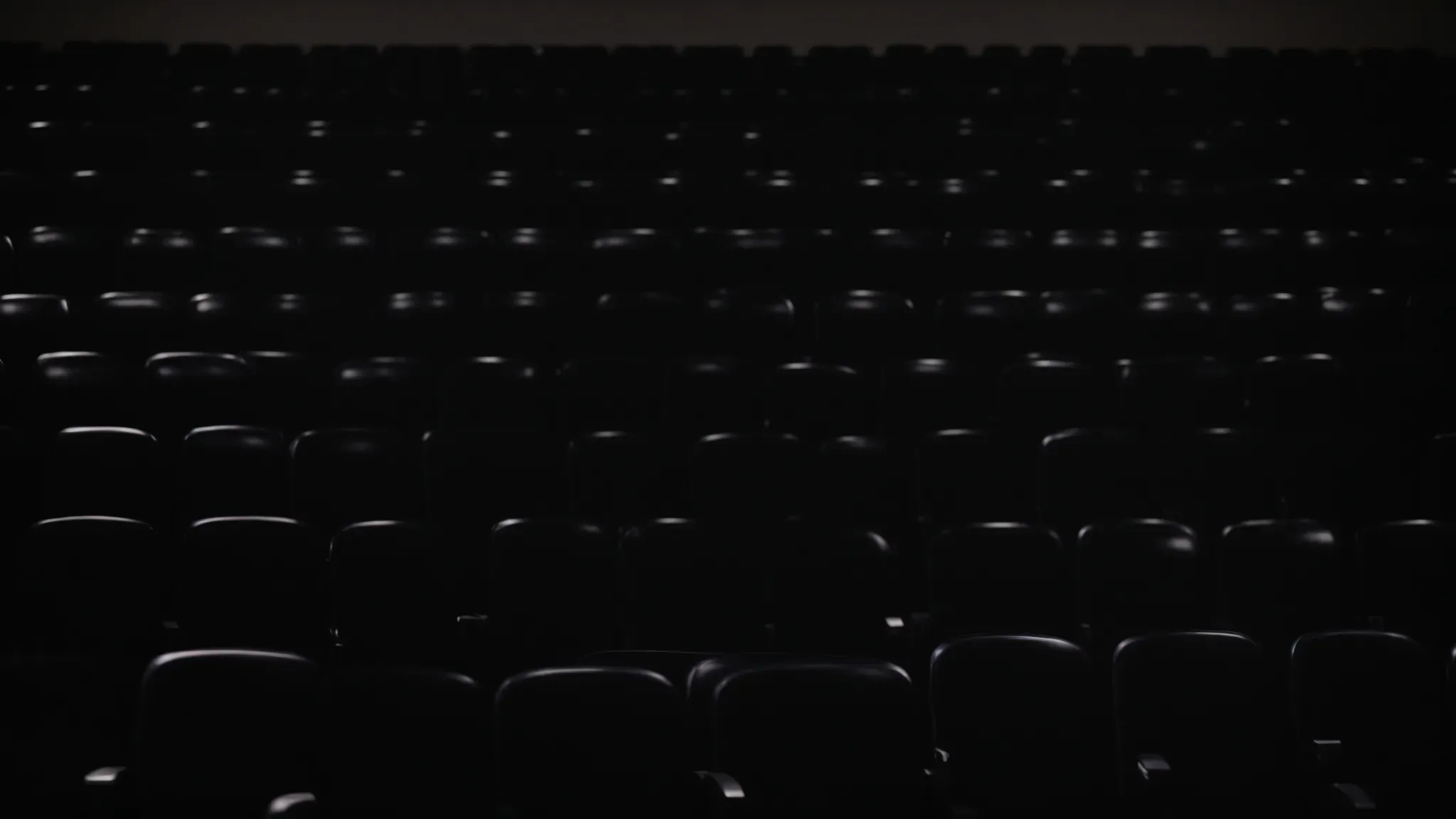 rows of empty cinema seats facing a blank screen awaiting the projection of an independent film.
