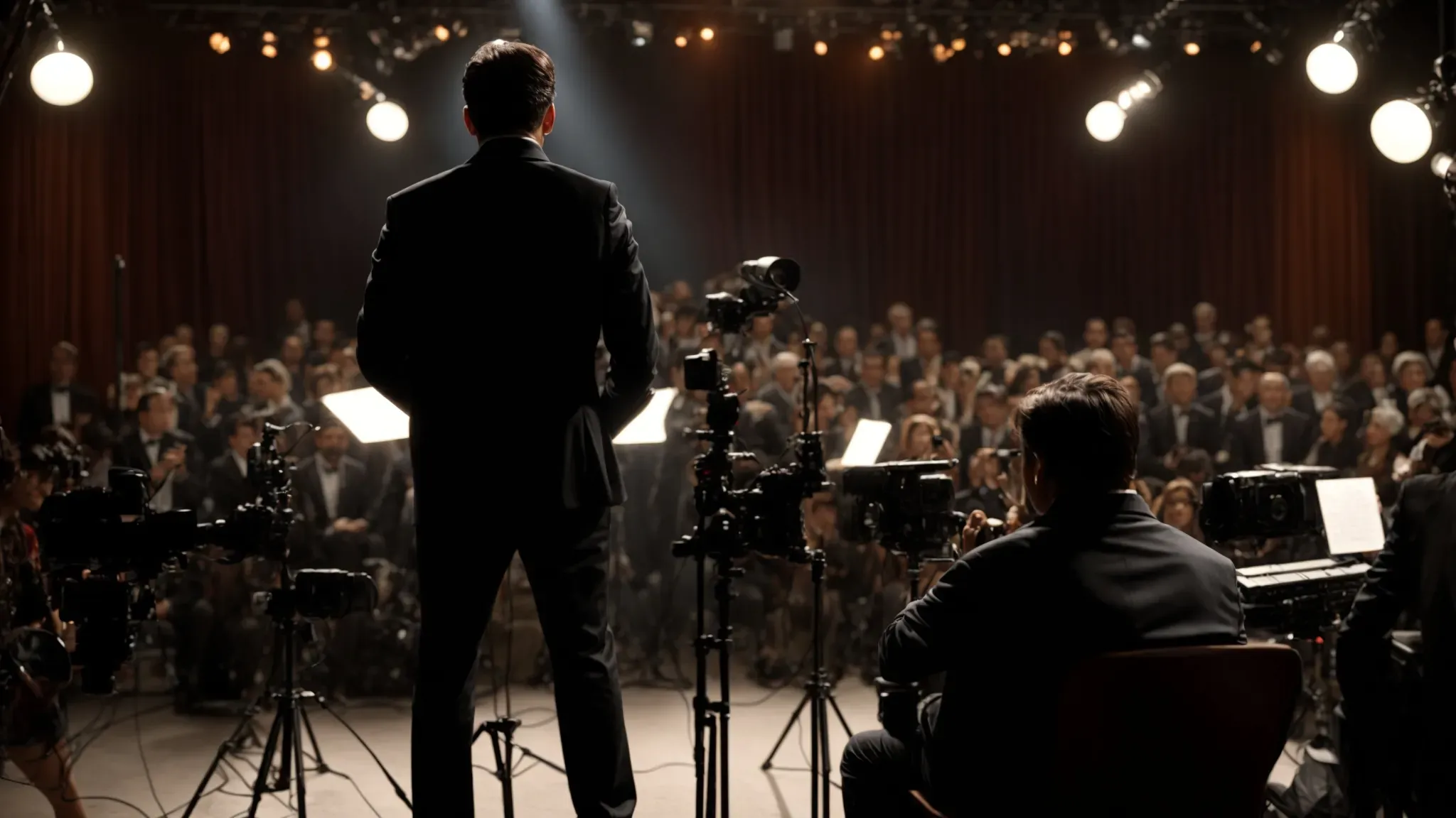 a director orchestrates a scene on set, guiding actors and crew under bright stage lights, bringing a biopic to life.