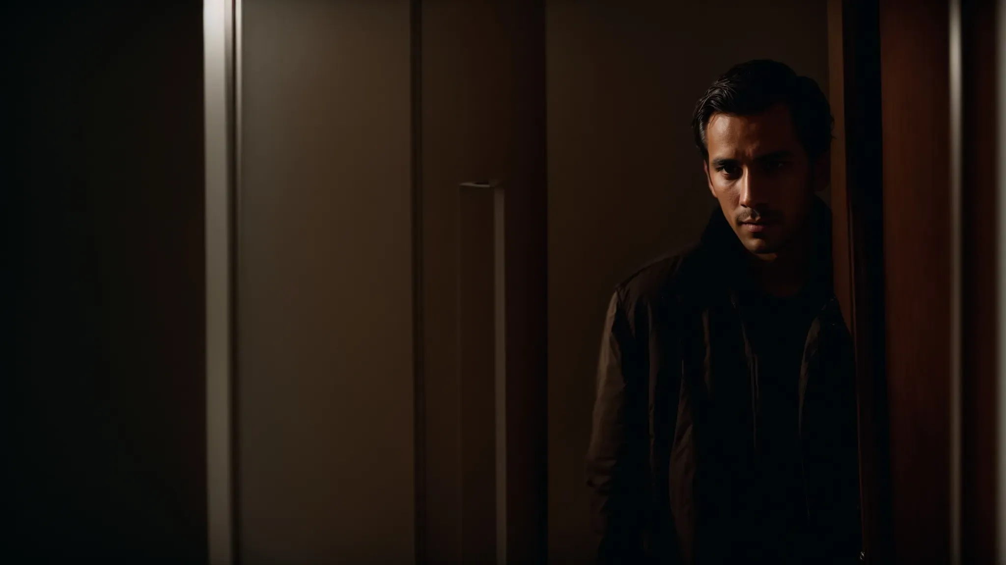 a man tentatively peers through a slightly ajar door into a dimly lit, unsettling apartment.