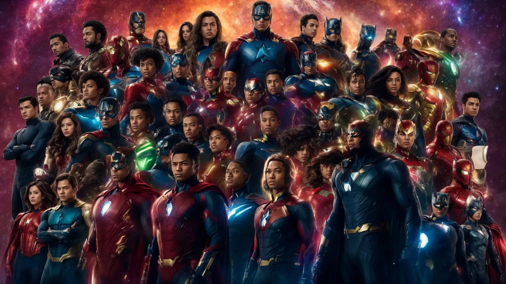 a collage of diverse superheroes, some new faces and some familiar, standing poised against a backdrop that shifts from cosmic stars to the swirling colors of the multiverse.