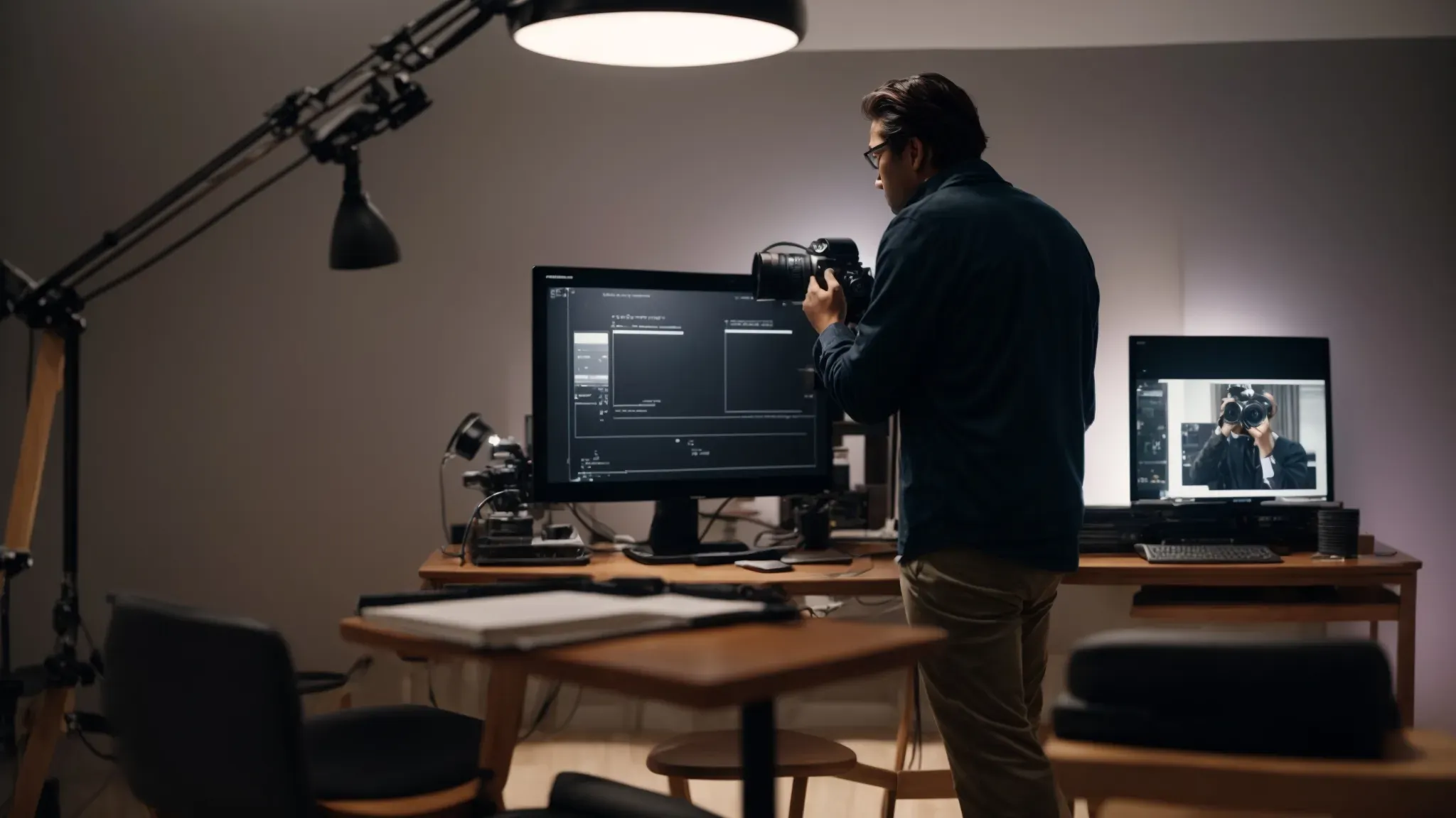 a film director studies a scene on a monitor, surrounded by the glow of studio lights, ensuring the story flows seamlessly on screen.