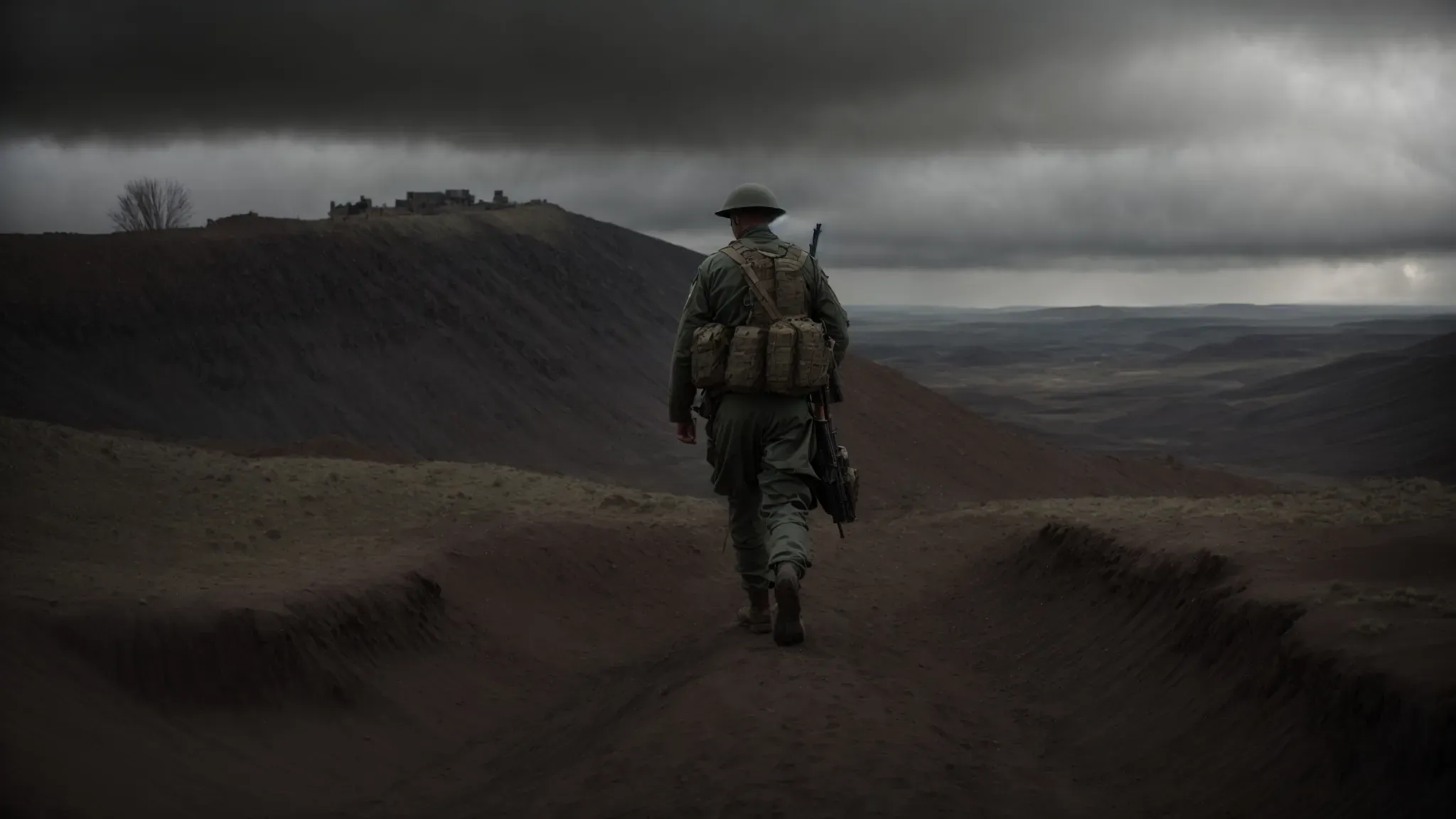 a soldier navigates a war-ravaged landscape under a gloomy sky, encapsulating the harrowing yet immersive journey of 