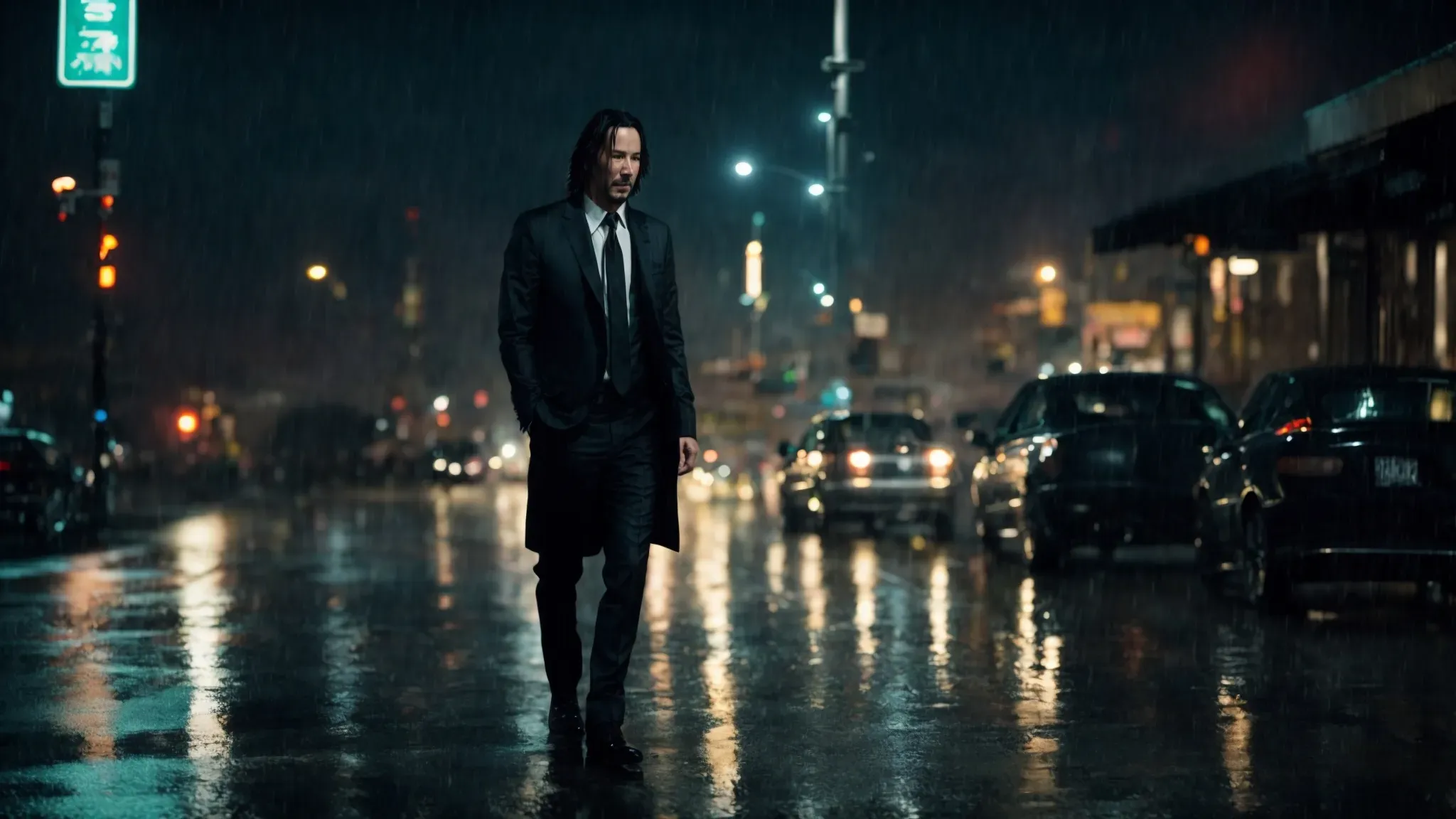 keanu reeves, in a dark suit, walks alone in the rain at night, with the city lights reflecting on the wet streets.