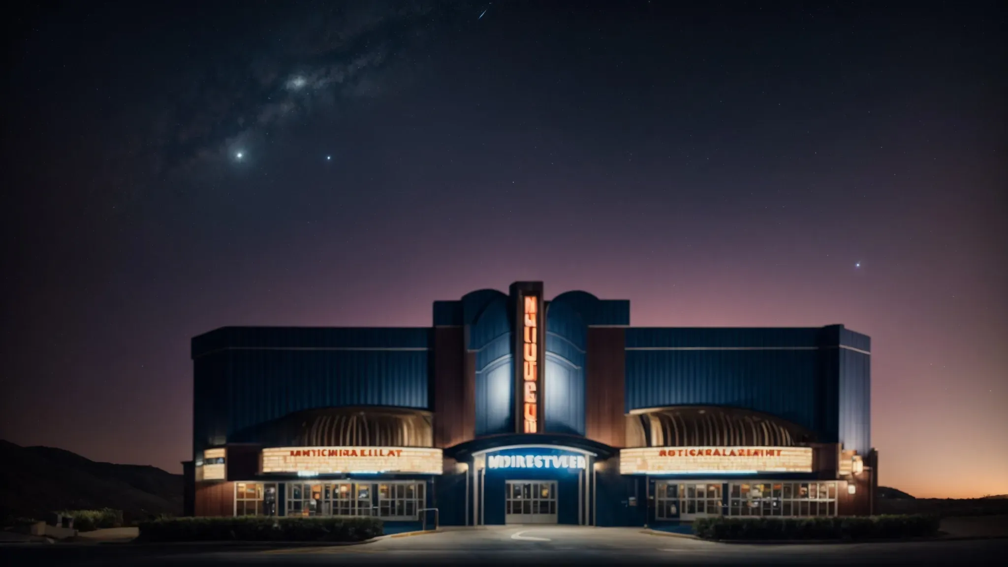 a movie theater entrance under the starry night sky, inviting viewers to embark on the epic mcu journey.
