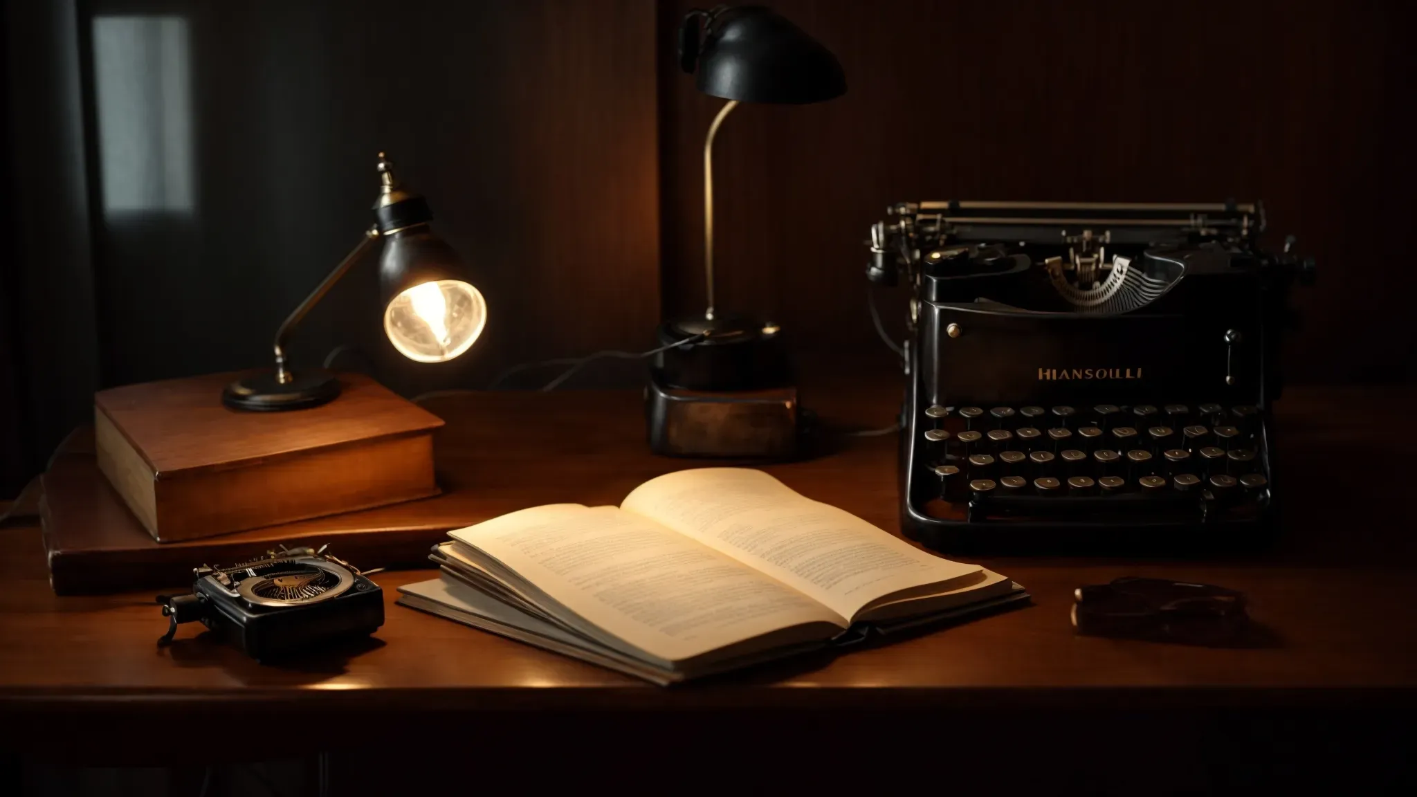 an open notebook lies beside a vintage typewriter on a wooden desk, illuminated by the soft glow of a desk lamp.