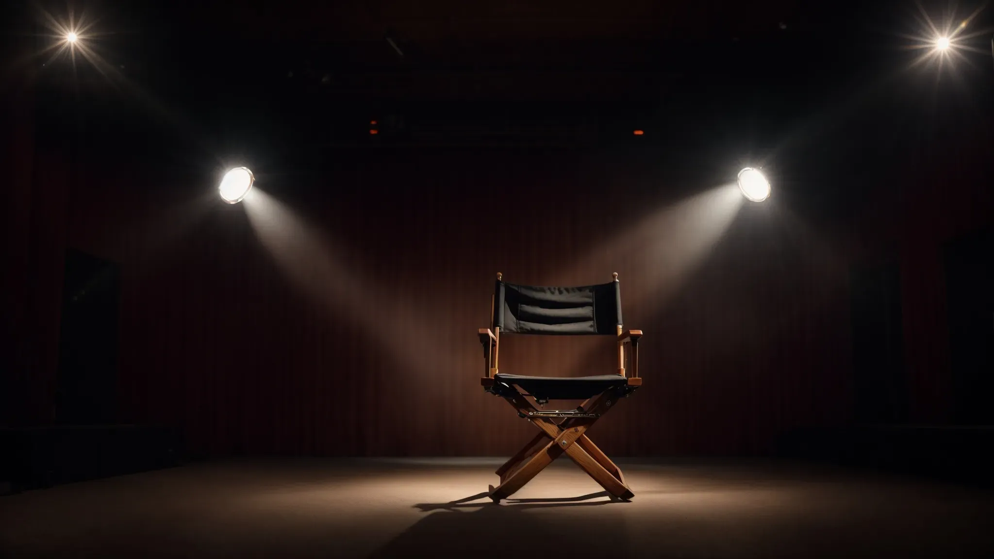 a director's chair stands center stage, with a single spotlight shining on it against a backdrop of an empty theater.