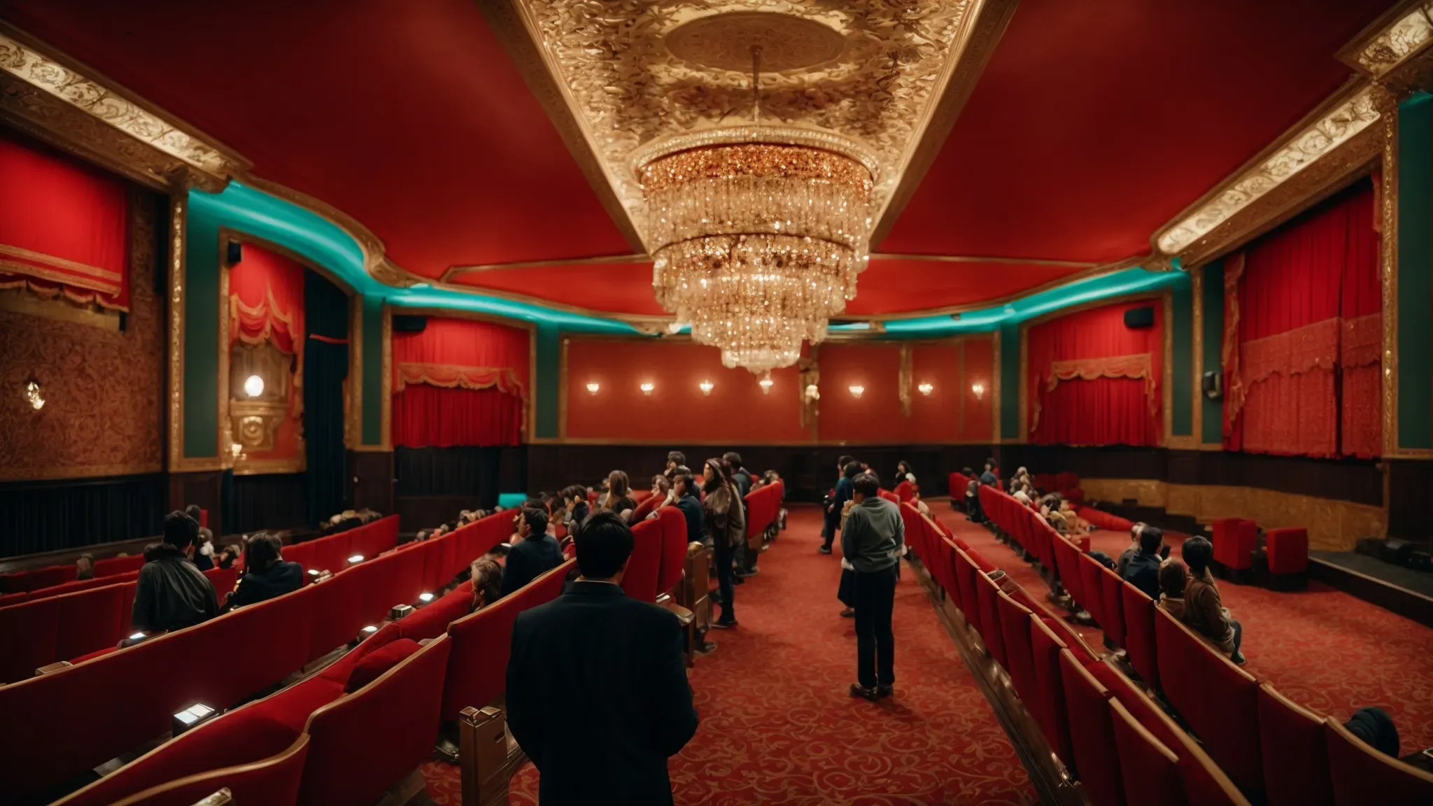 early moviegoers marvel at a vibrant, color film screening in a grand, ornate cinema.