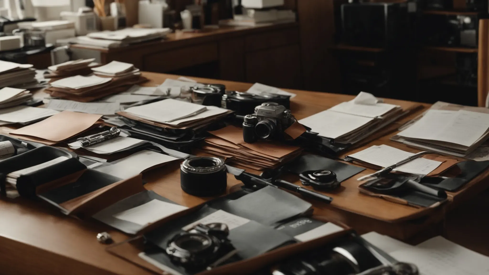 a table cluttered with various organized forms and clipboards, detailing different aspects of a film project's progress.