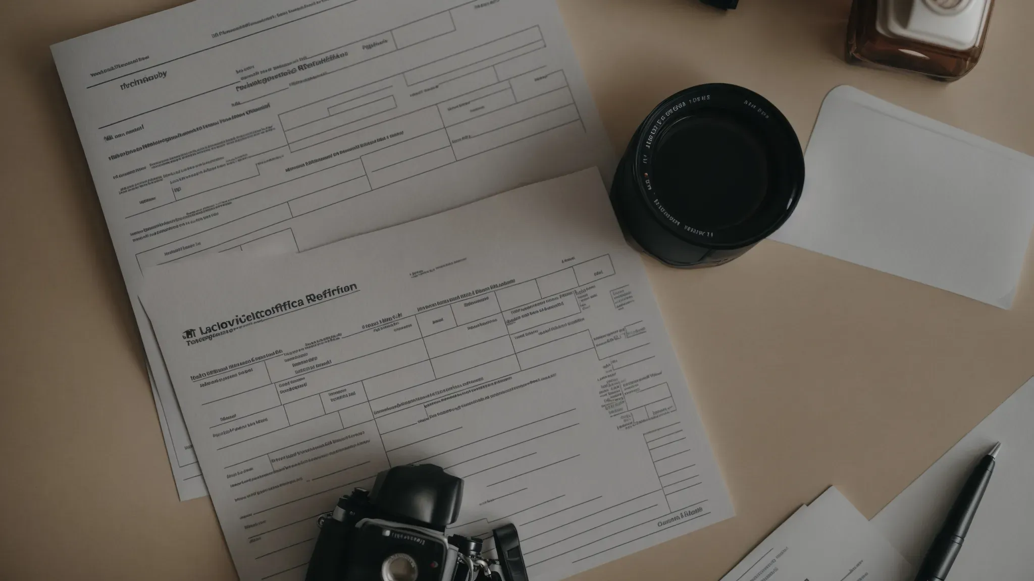 a tidy office desk showcasing a business registration form next to a camera, symbolizing the union of photography and legal preparation.