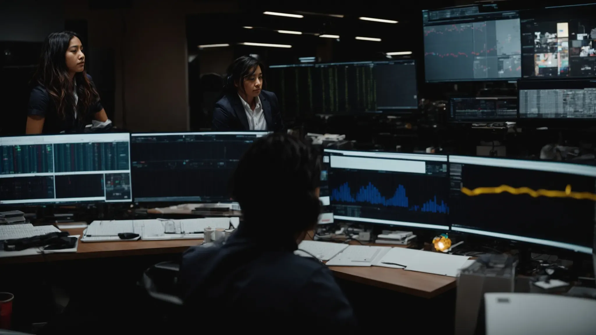 a line producer oversees the busy post-production studio as editors work on computer screens.