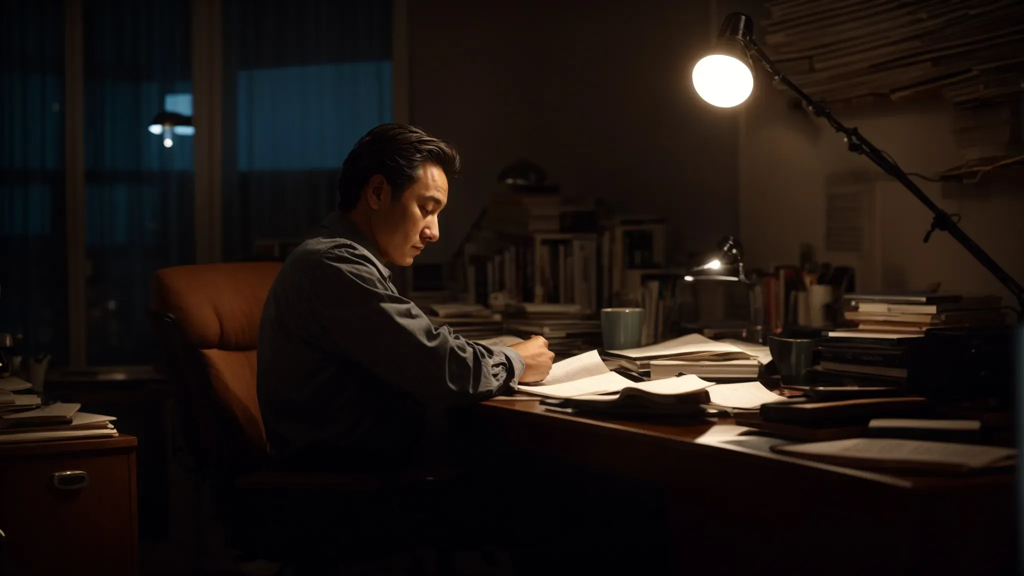 a screenwriter sits at a cluttered desk, illuminated by a single lamp, revising a screenplay late into the night.