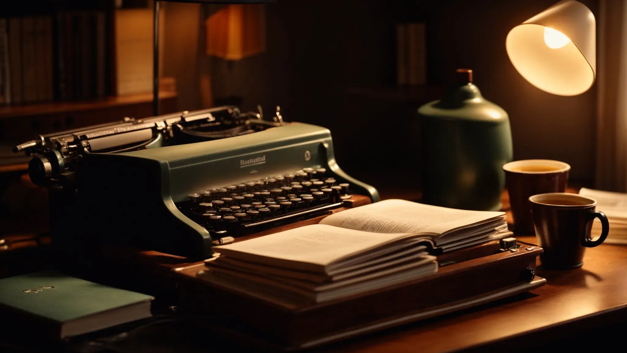 a notebook sits open beside a vintage typewriter under the soft glow of a desk lamp, surrounded by scattered screenplay pages and a cup of coffee.
