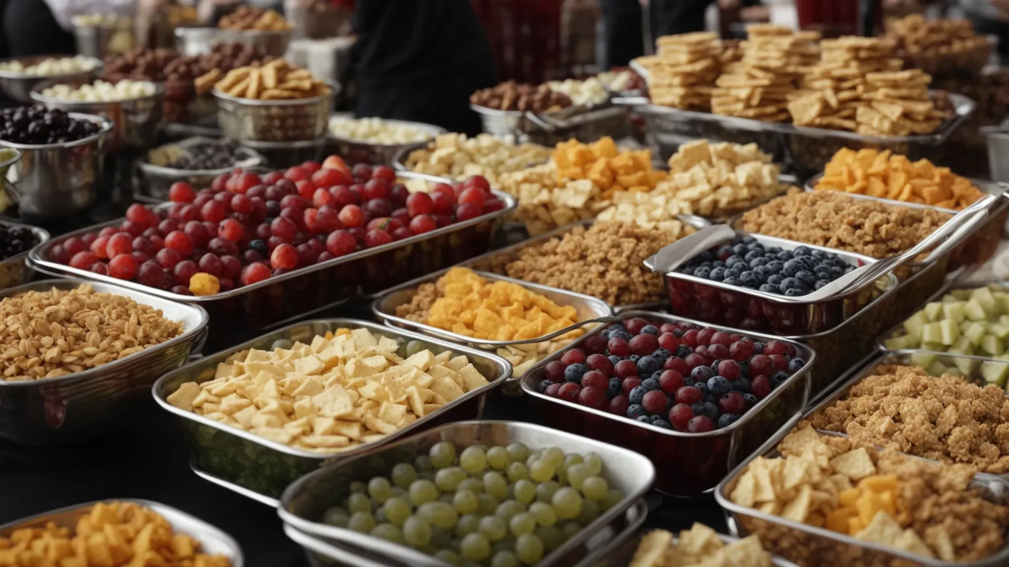 a bustling craft services table brimming with an assortment of snacks, fruit, and beverages, catering to the diverse tastes of a busy film crew.