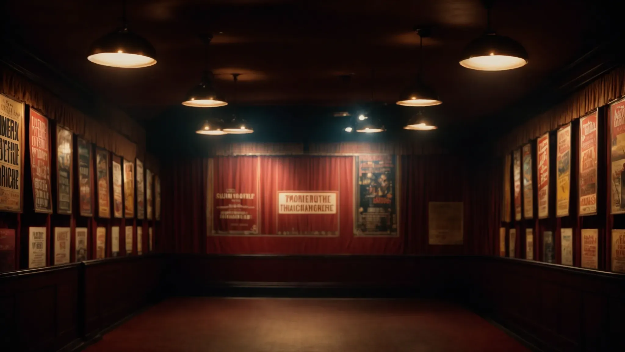 a dimly lit, vintage theater aisle, with classic movie posters lining the walls, leading towards a flickering screen showcasing a shadowy, satirical scene.