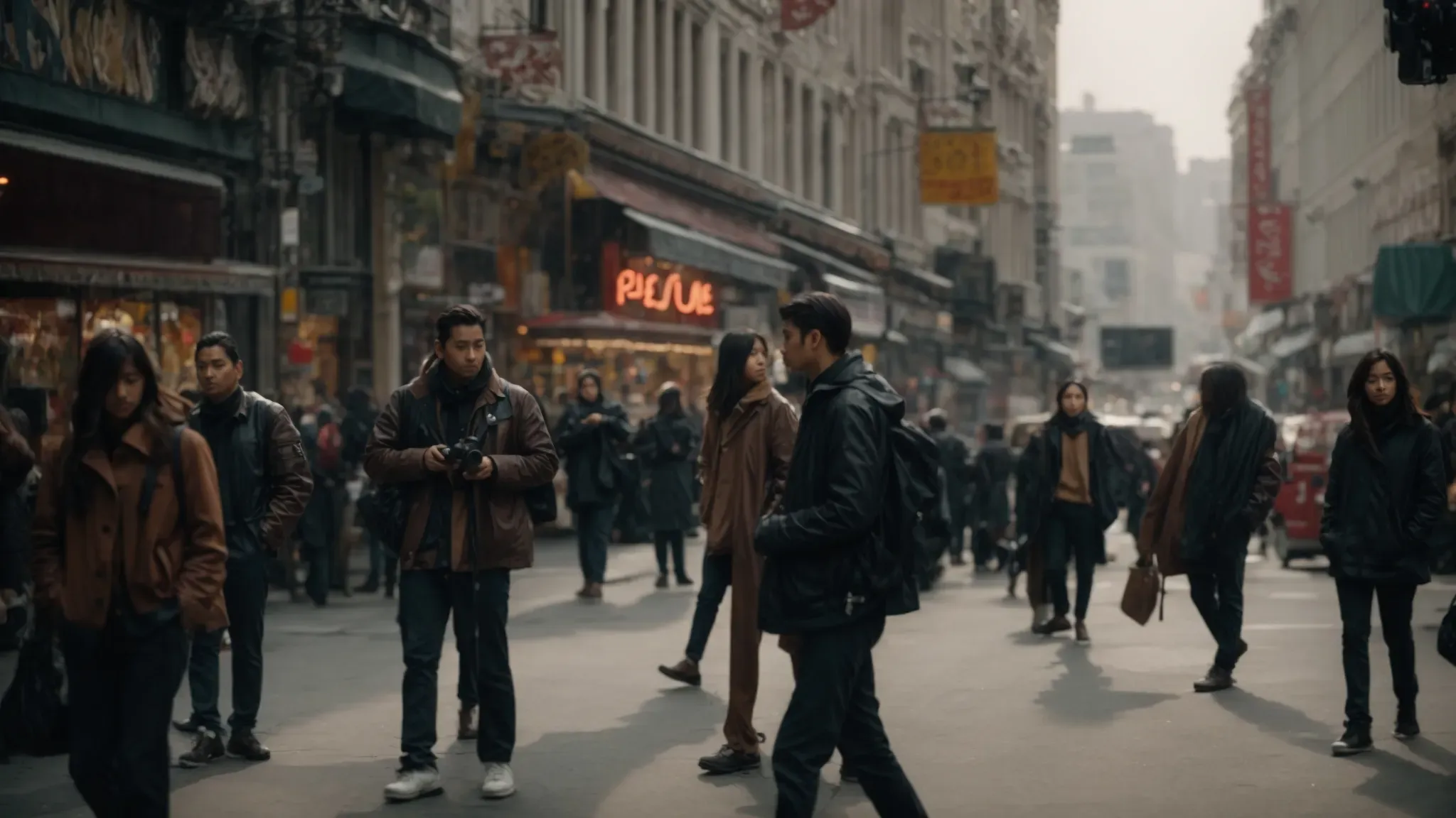 a filmmaker captures a bustling street scene using a handheld camera, immersing viewers in the unvarnished pulse of daily life.