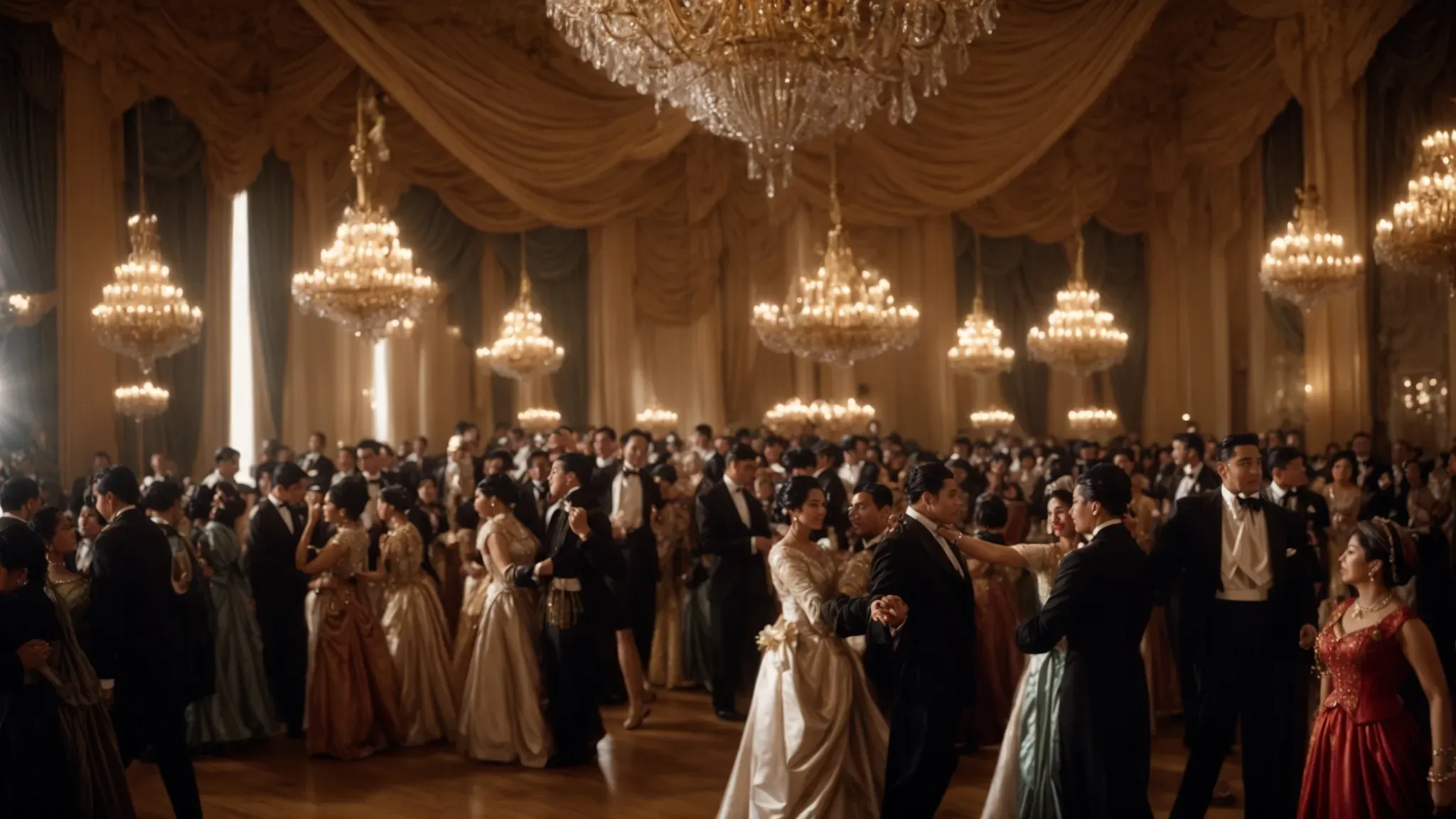 a grand ballroom filled with people in period attire, dancing under opulent chandeliers.