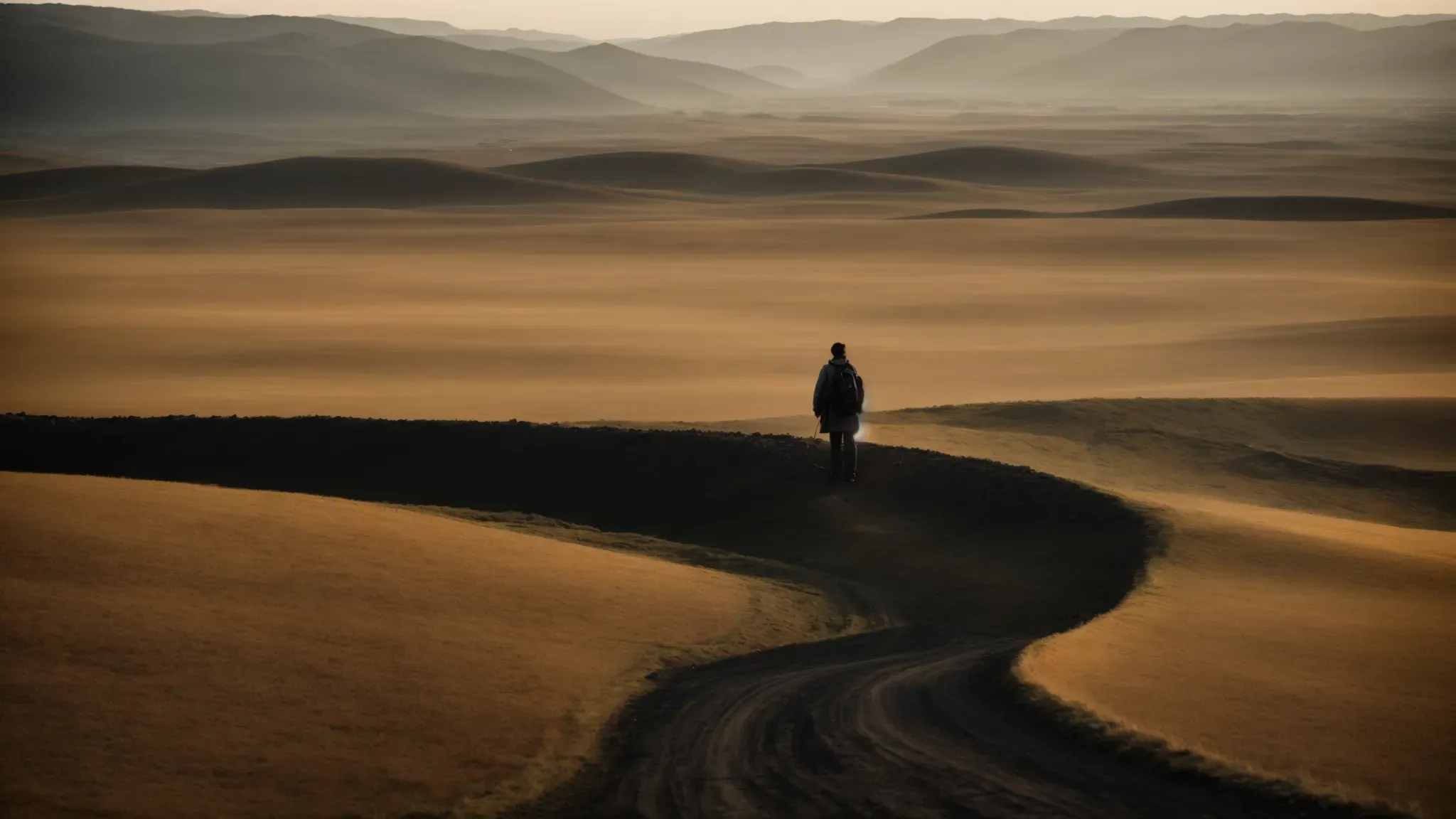 a silhouetted figure stands at the crossroads of a sprawling landscape, symbolizing the journey to self-discovery.