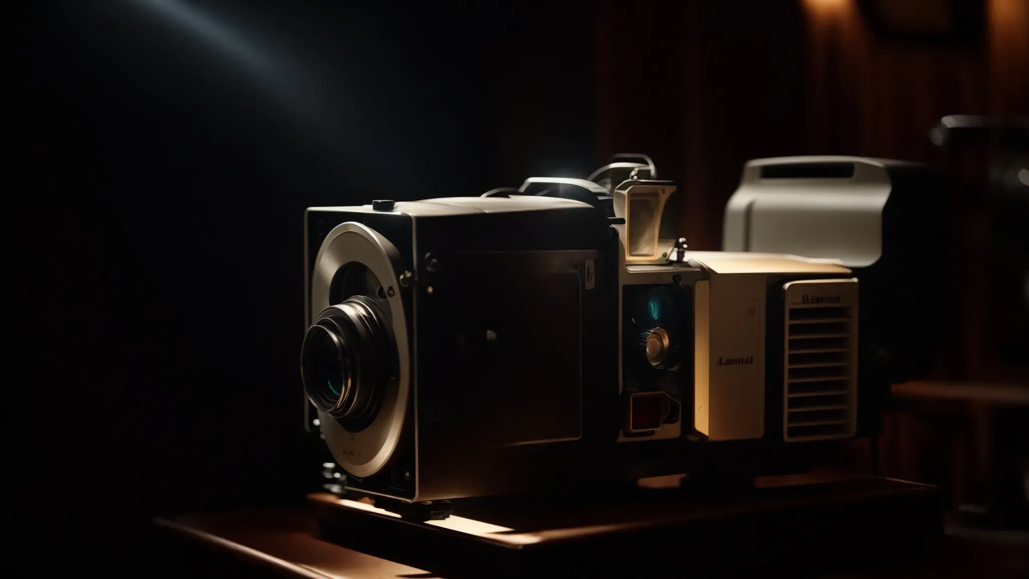 a vintage projector lights up a dark room with scenes from a 1970s blaxploitation film, casting shadows of an entranced audience.