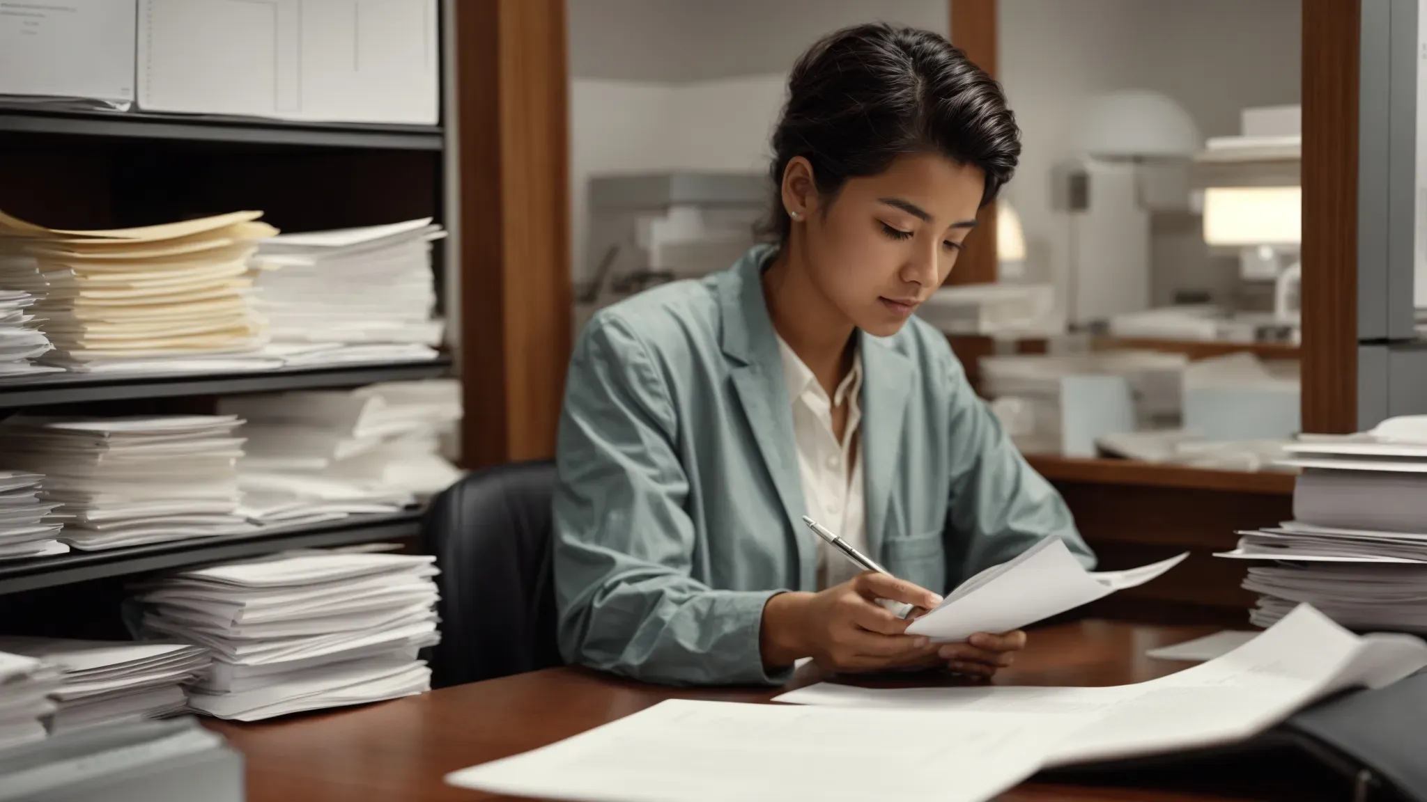 an individual attentively seated at a desk, reviewing documents with a checklist nearby, poised to submit a crucial form.