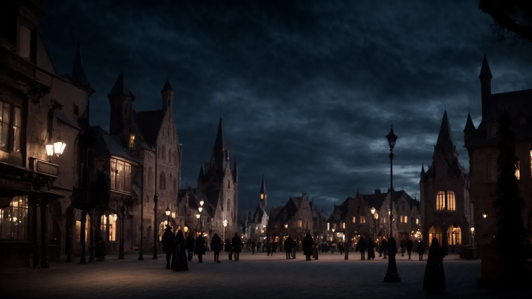 a gothic town square under a moonlit sky, with silhouettes of twisted buildings setting the stage for tim burton's 'the nightmare before christmas'.