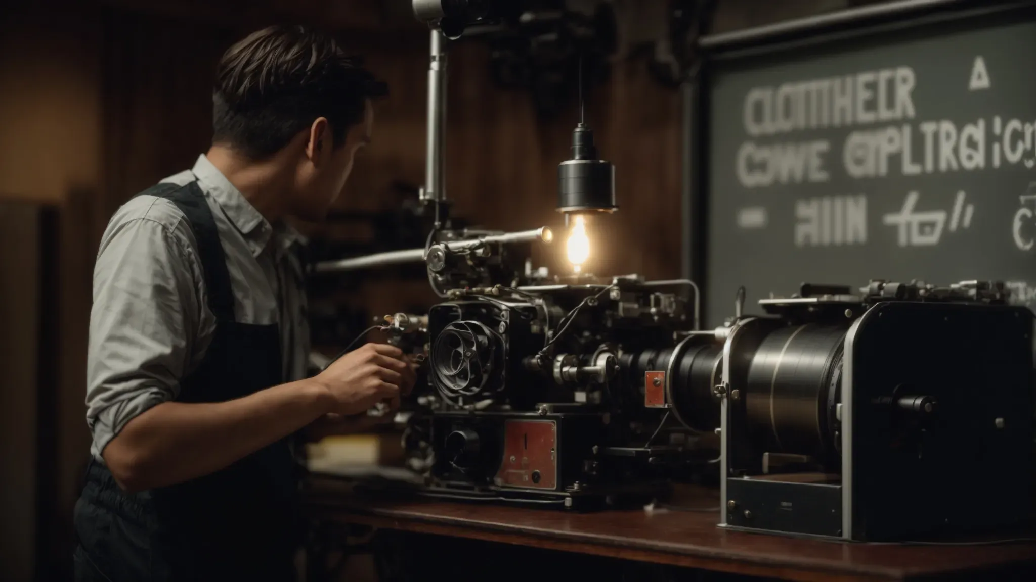 a technician carefully adjusts a vintage film reel on an old projector in a dimly lit room.