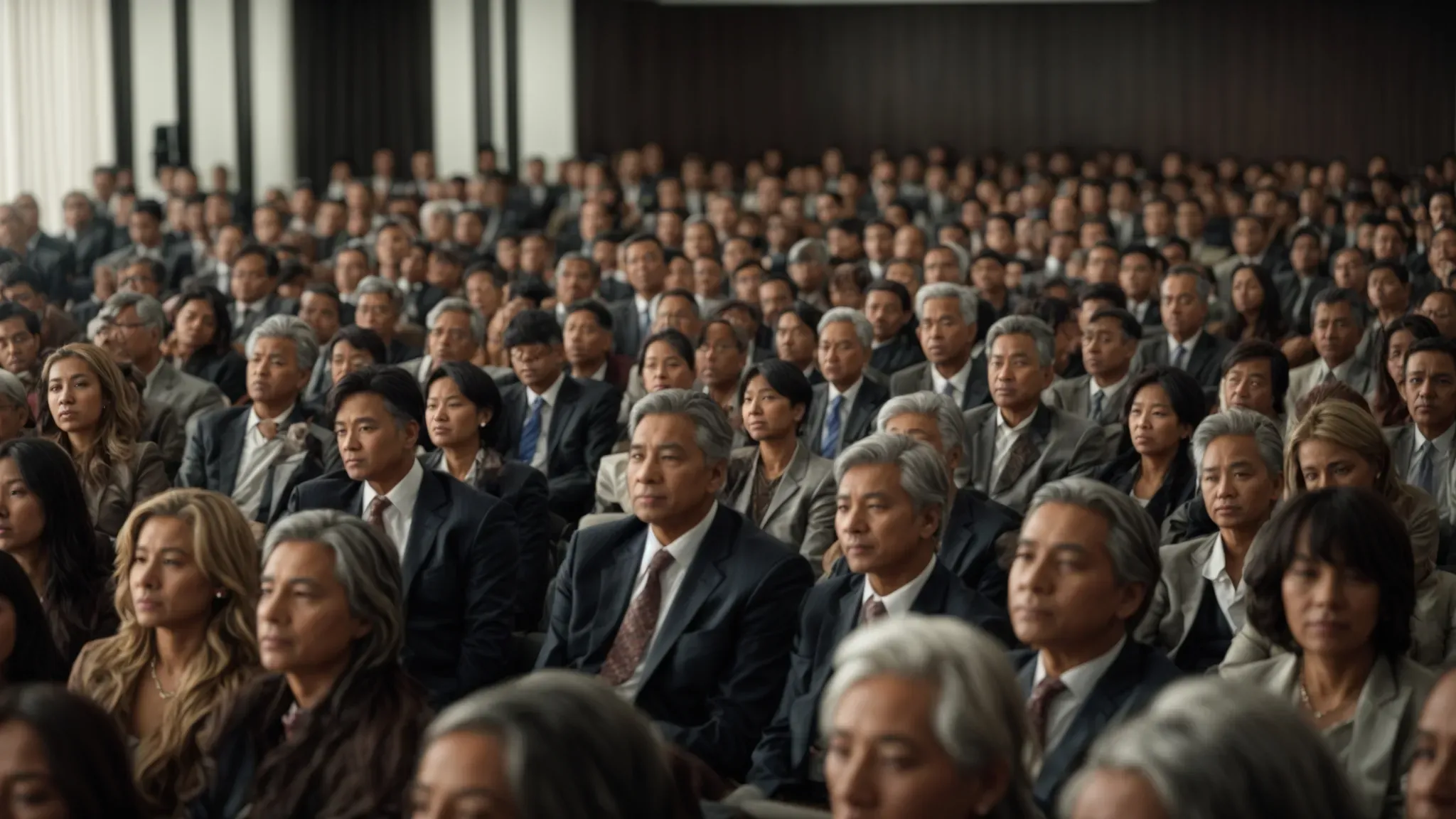 a crowded conference room where a charismatic figure at the front humorously engages with an captivated audience.