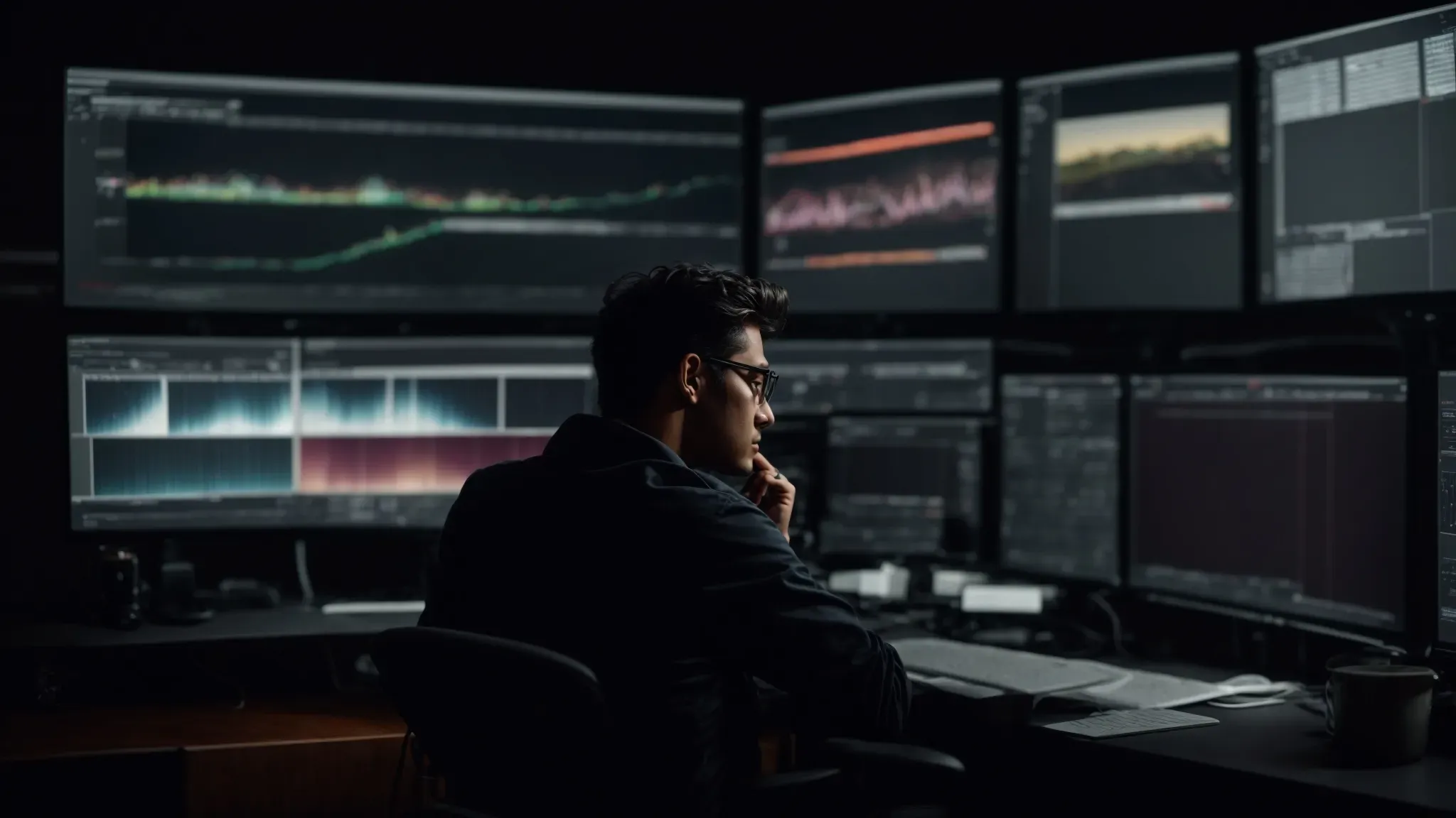 a filmmaker sits in a dimly lit editing studio, focusing intently on a large screen displaying a video timeline.