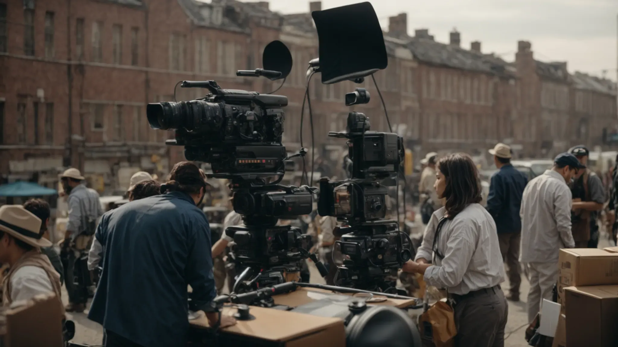 a bustling film set with crew members engaged in various tasks, under the guidance of a focused individual coordinating the scene.