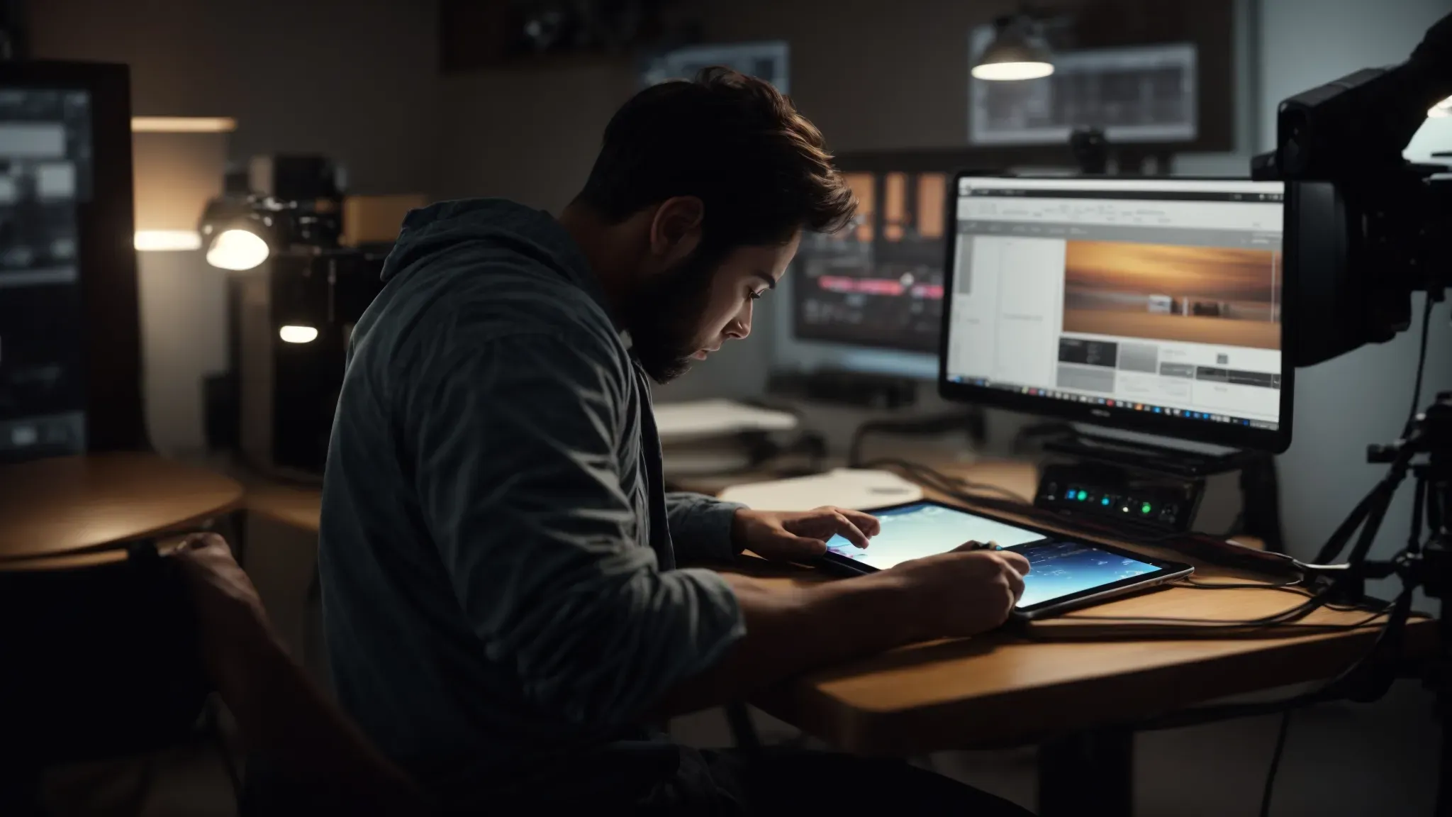 a filmmaker reviews footage on a tablet, collaboratively editing a scene in a modern, well-lit studio.