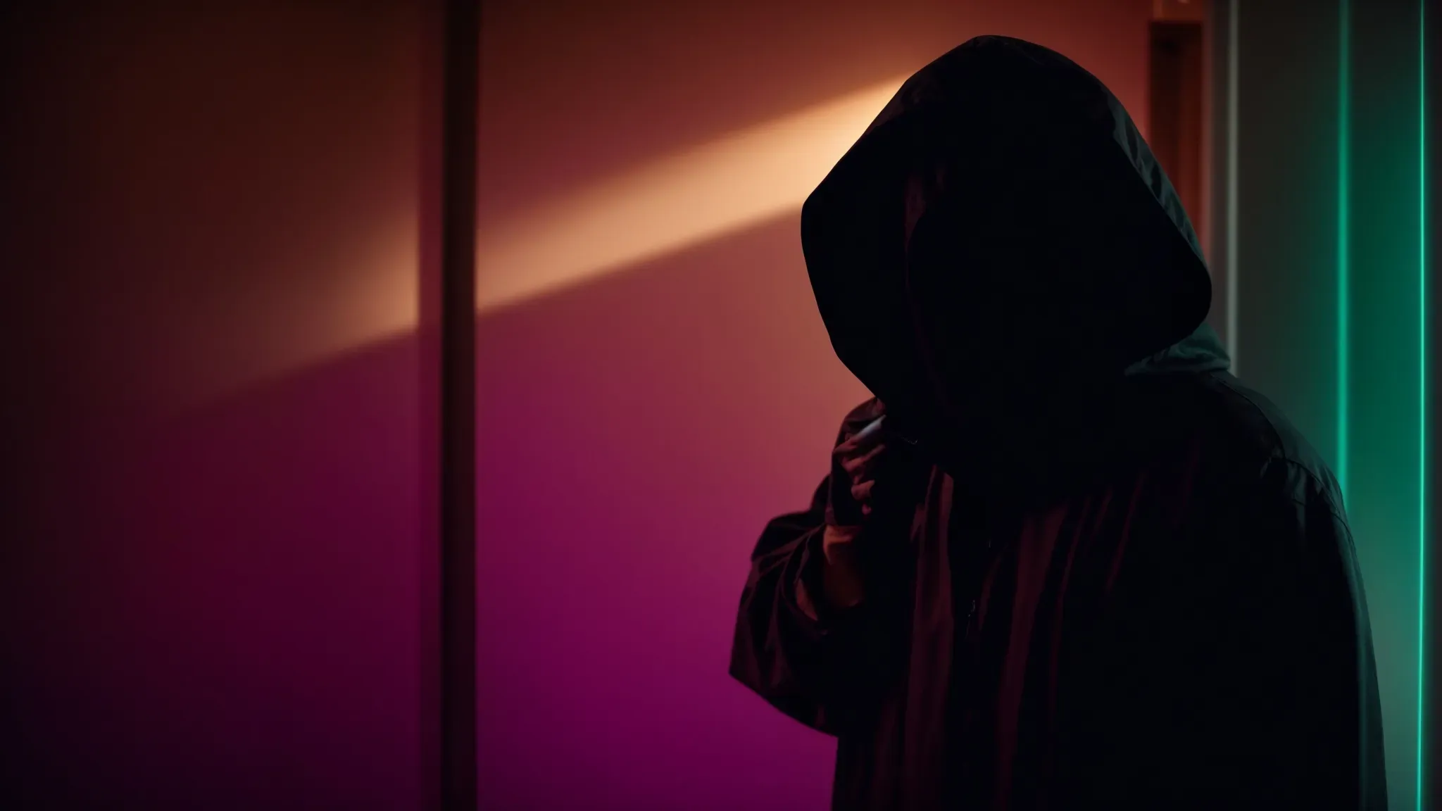 a shadowy figure cloaked in black, wielding a gleaming knife in a dimly lit, color-saturated room on the Saturation platform.