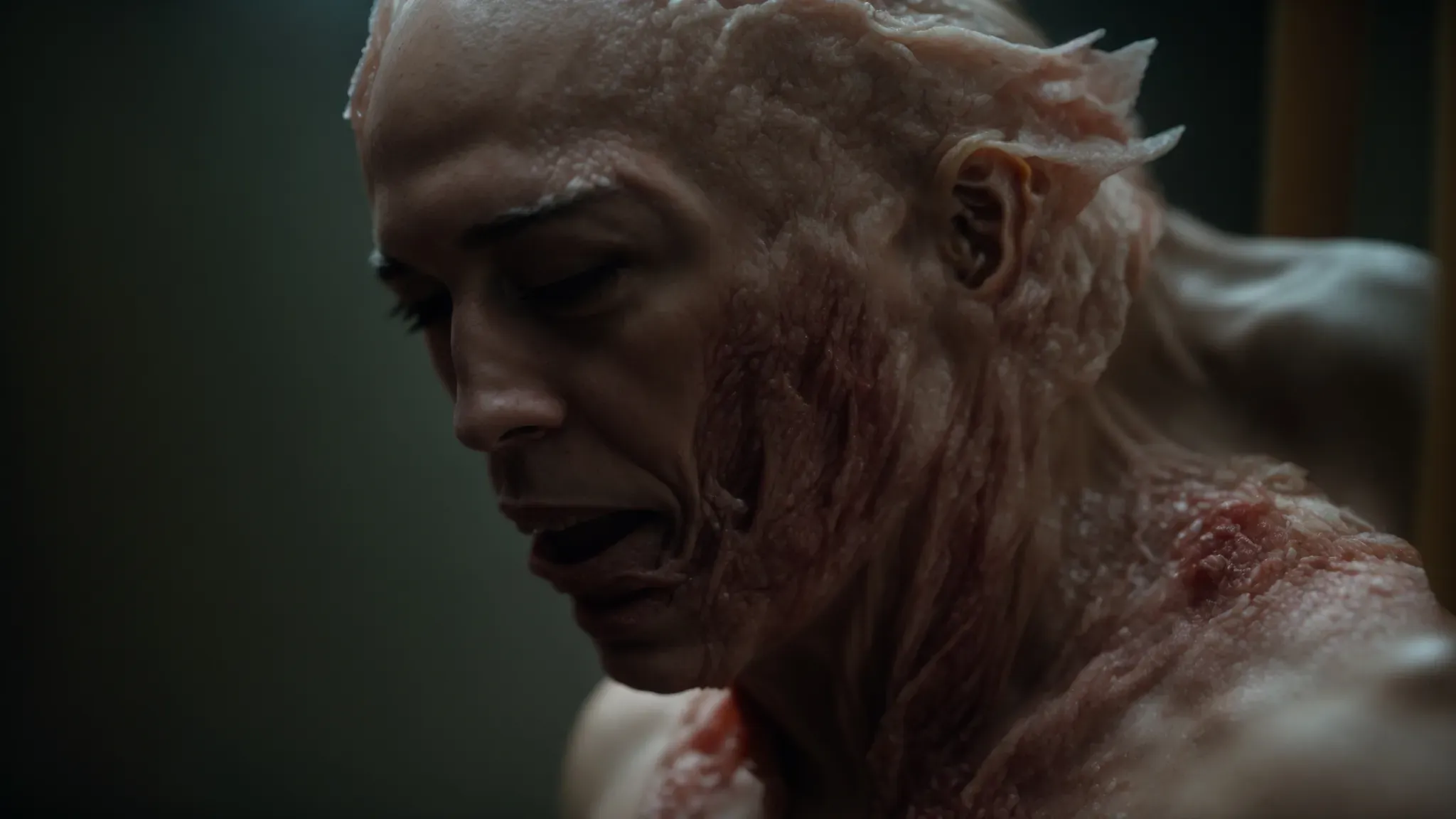 a grotesque transformation scene where flesh melds and morphs in unsettling ways, redefining human anatomy.