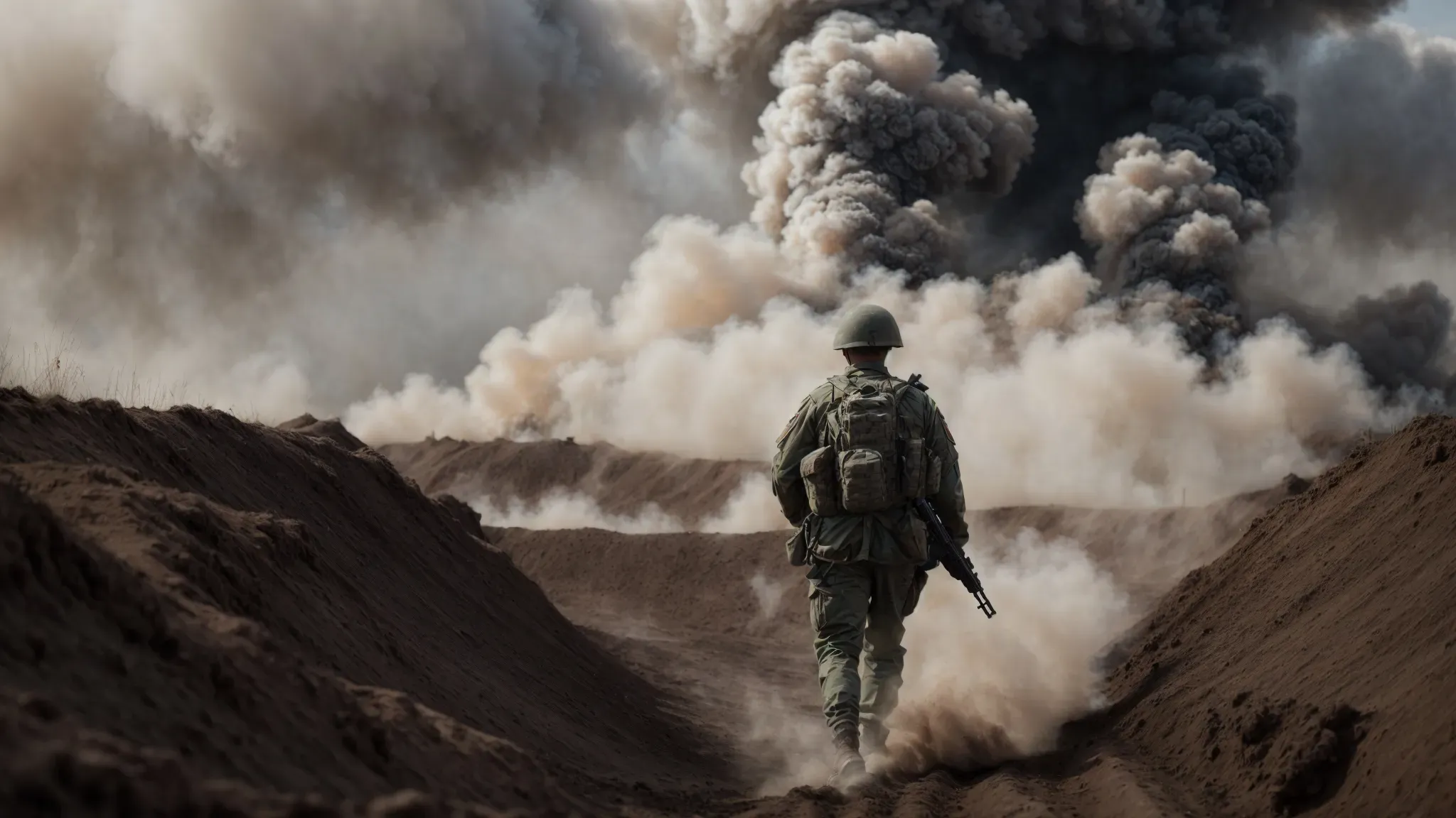 a soldier runs through the devastating no man's land as clouds of smoke obscure the seamless shift to the next trench under the somber sky.