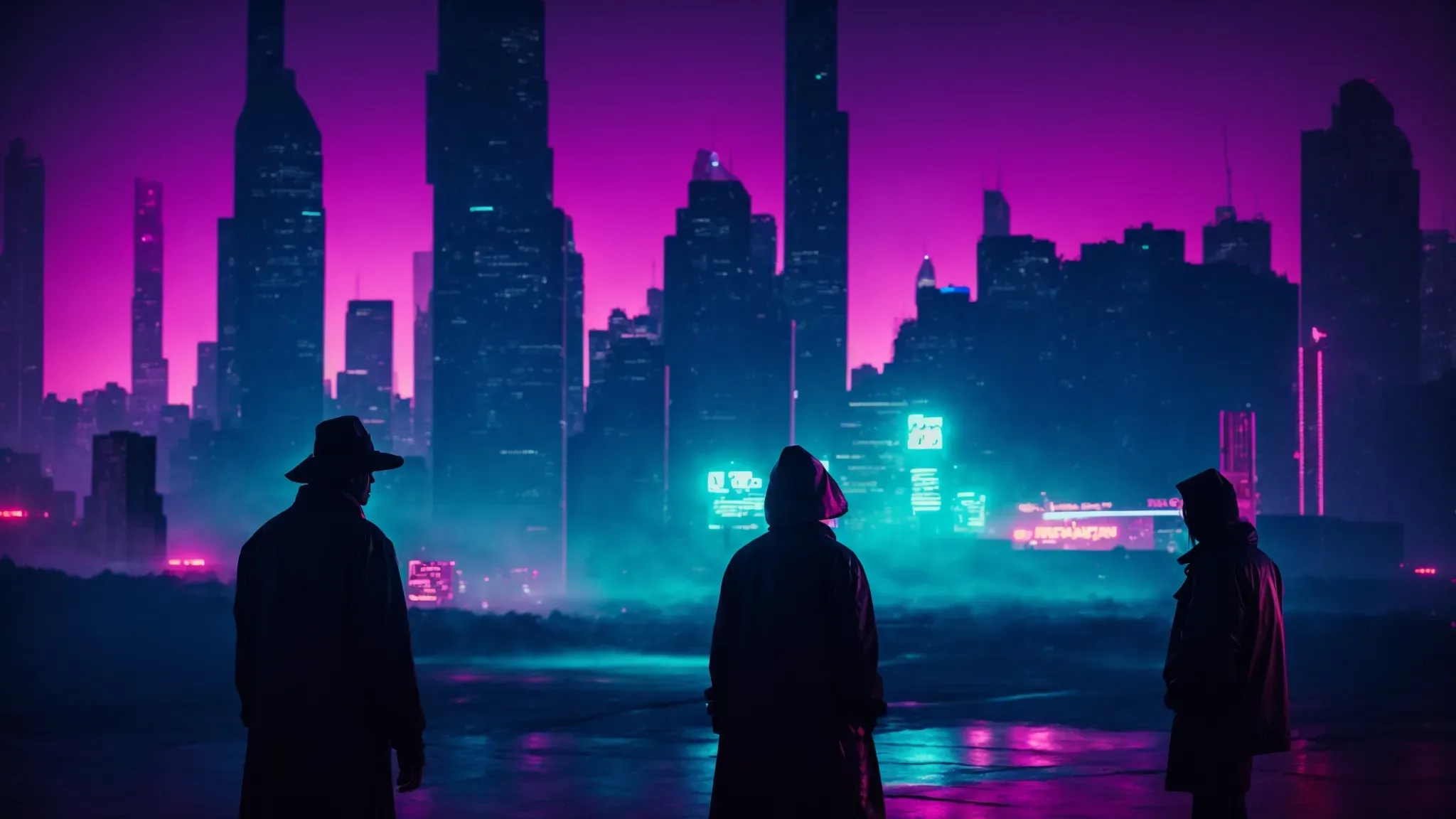 a neon-soaked cityscape at night with silhouettes of mysterious figures, hinting at a dystopian future.