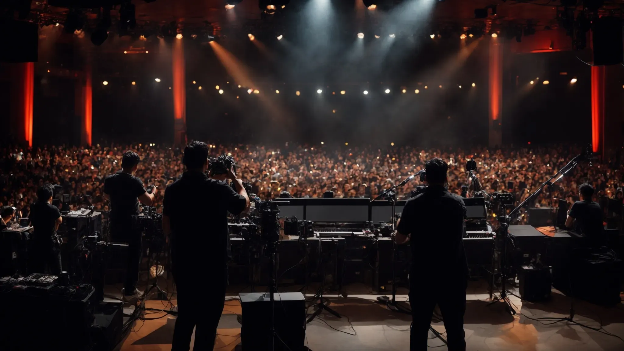 a production team orchestrates a dynamic stage with vibrant lighting as a buzzing audience anticipates the event.