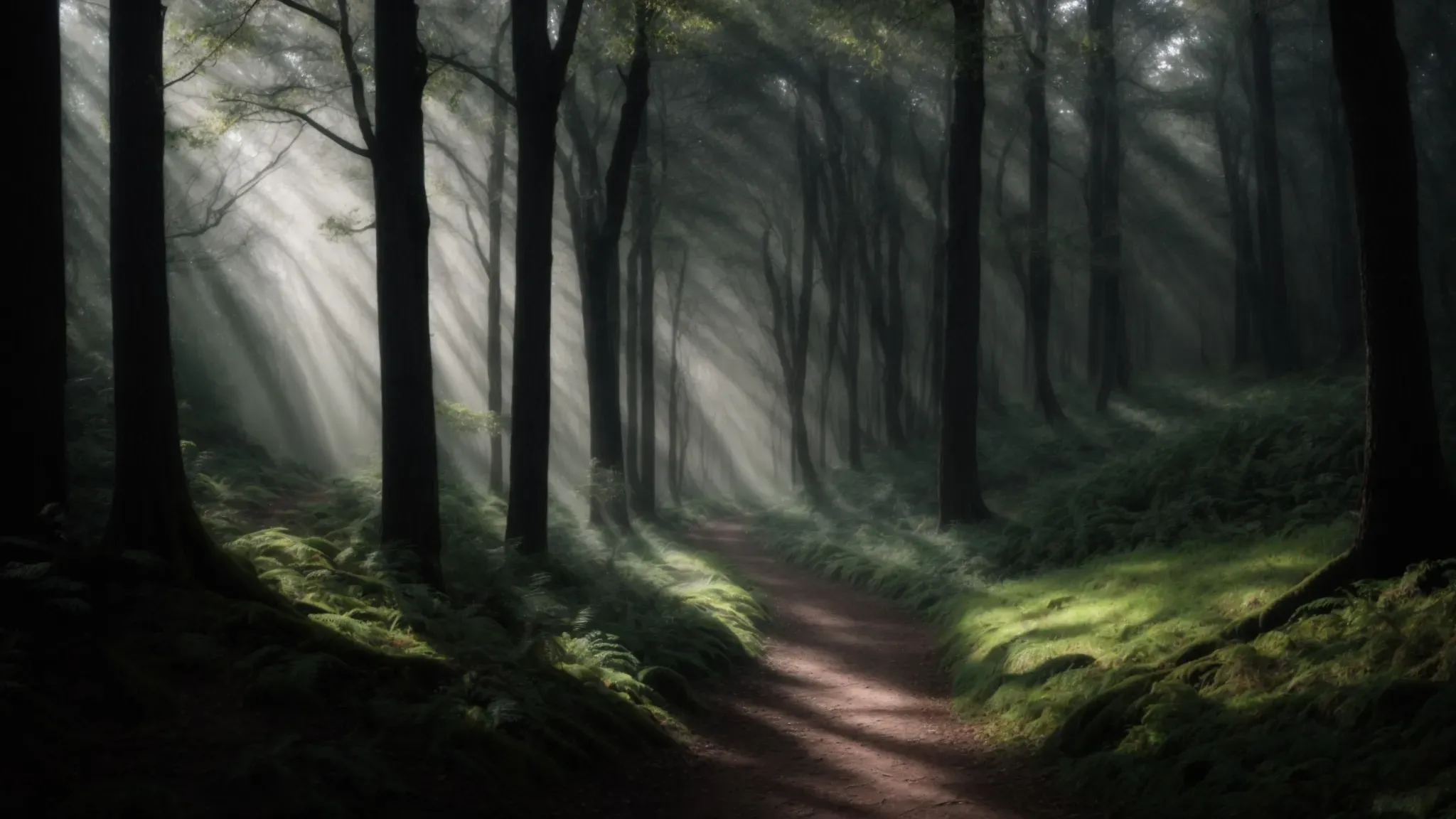 a path leading into an enchanting, shadow-drenched forest that evokes a sense of both wonder and foreboding.
