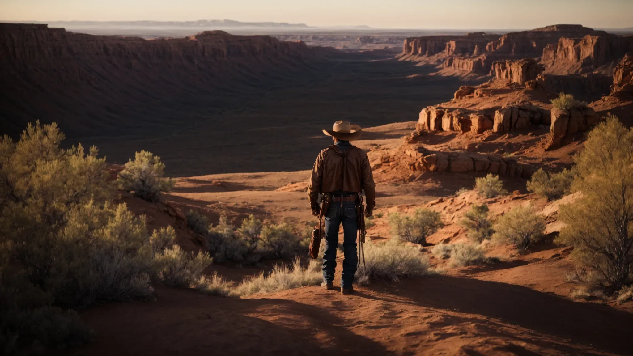 a lone cowboy stands on a desolate landscape, the setting sun casting long shadows that merge with the rugged terrain.