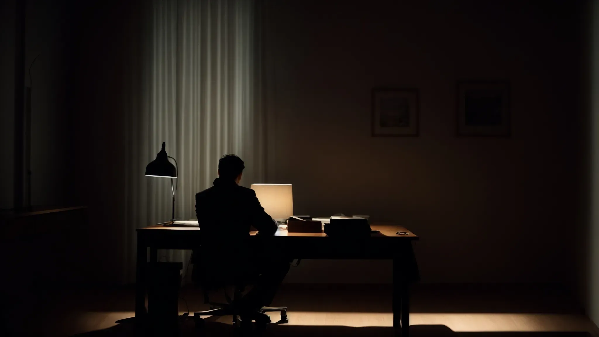 a silhouette of a person sits at a desk, head bowed in contemplation over a blank page illuminated by a solitary desk lamp in a dimly lit room.