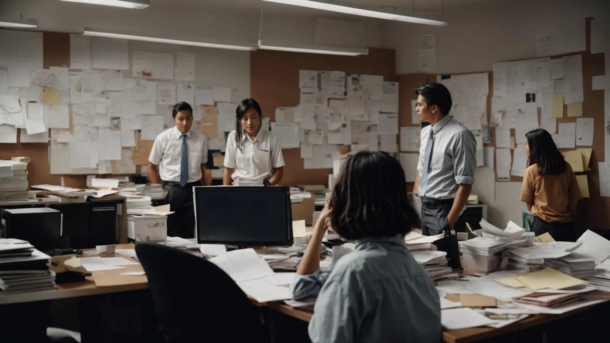 a cluttered office room with scattered papers and employees gathered around a whiteboard, expressing mixed reactions of confusion and anticipation.