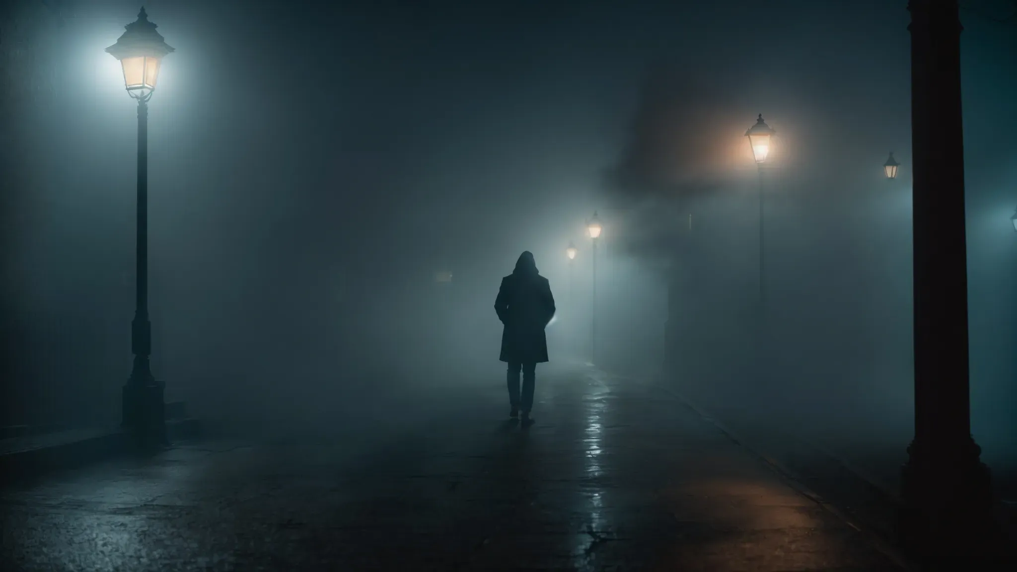 a dimly lit alleyway shrouded in mist with a solitary figure standing under a flickering street lamp.