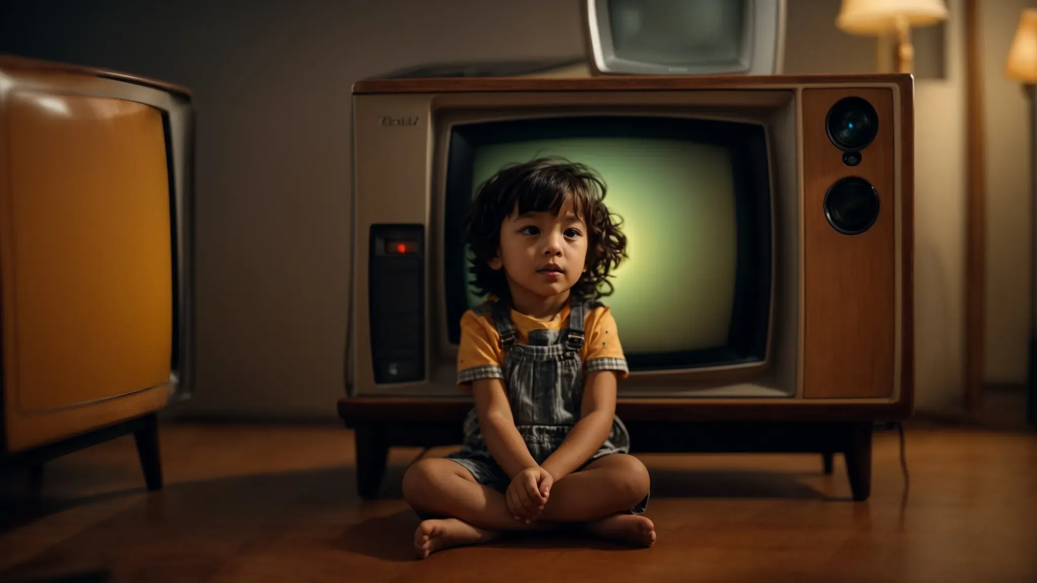 a child sitting cross-legged, eyes wide with wonder, watching glowing images of beloved animated characters on an old-fashioned television screen.