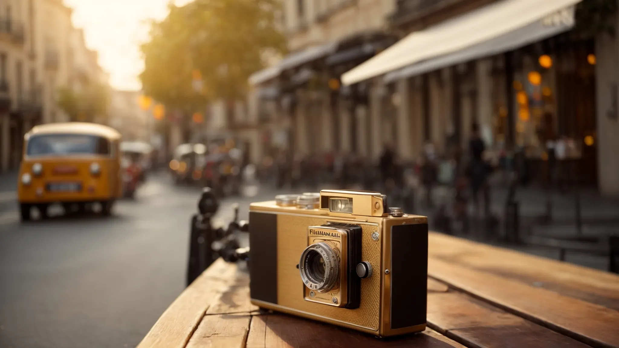 a vintage film camera resting on a wooden table with parisian street scenes in the background, bathed in the soft glow of the golden hour.