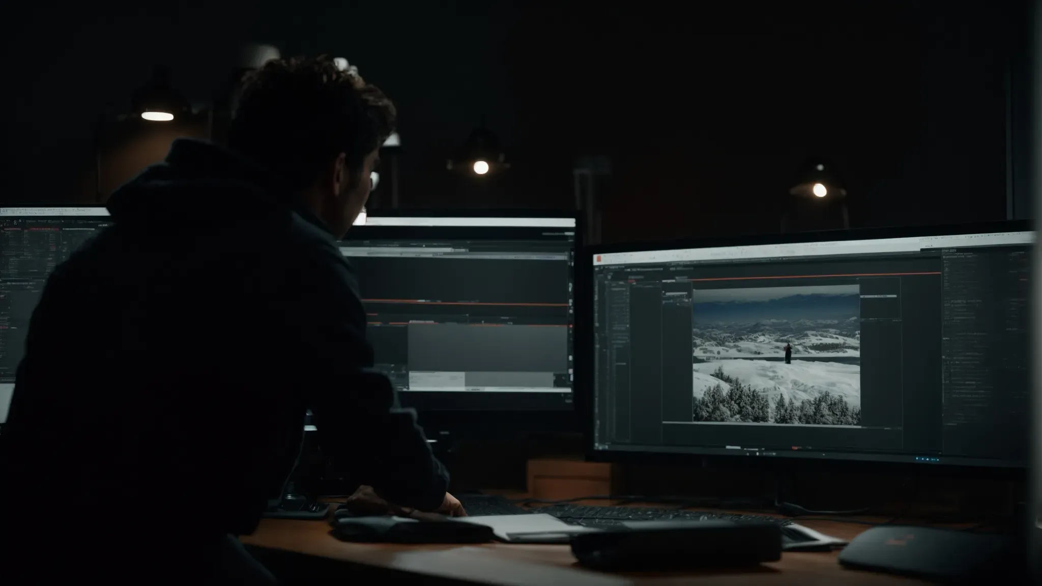 a filmmaker meticulously reviews footage on a large screen in a dimly lit editing suite.