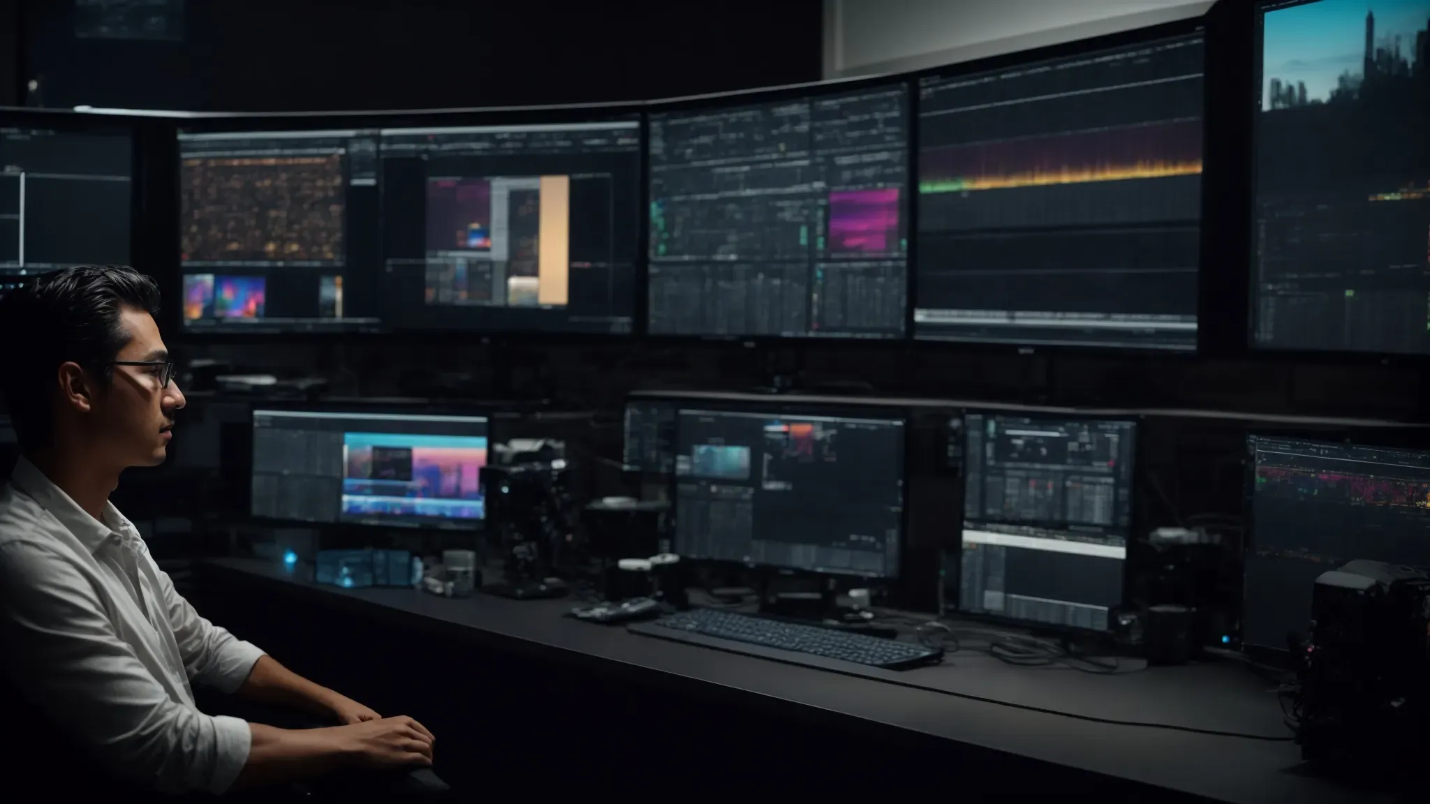 a filmmaker attentively watches over a screen showcasing a bustling film editing suite, where multiple monitors display colorful editing software interfaces and a film scene in progress.