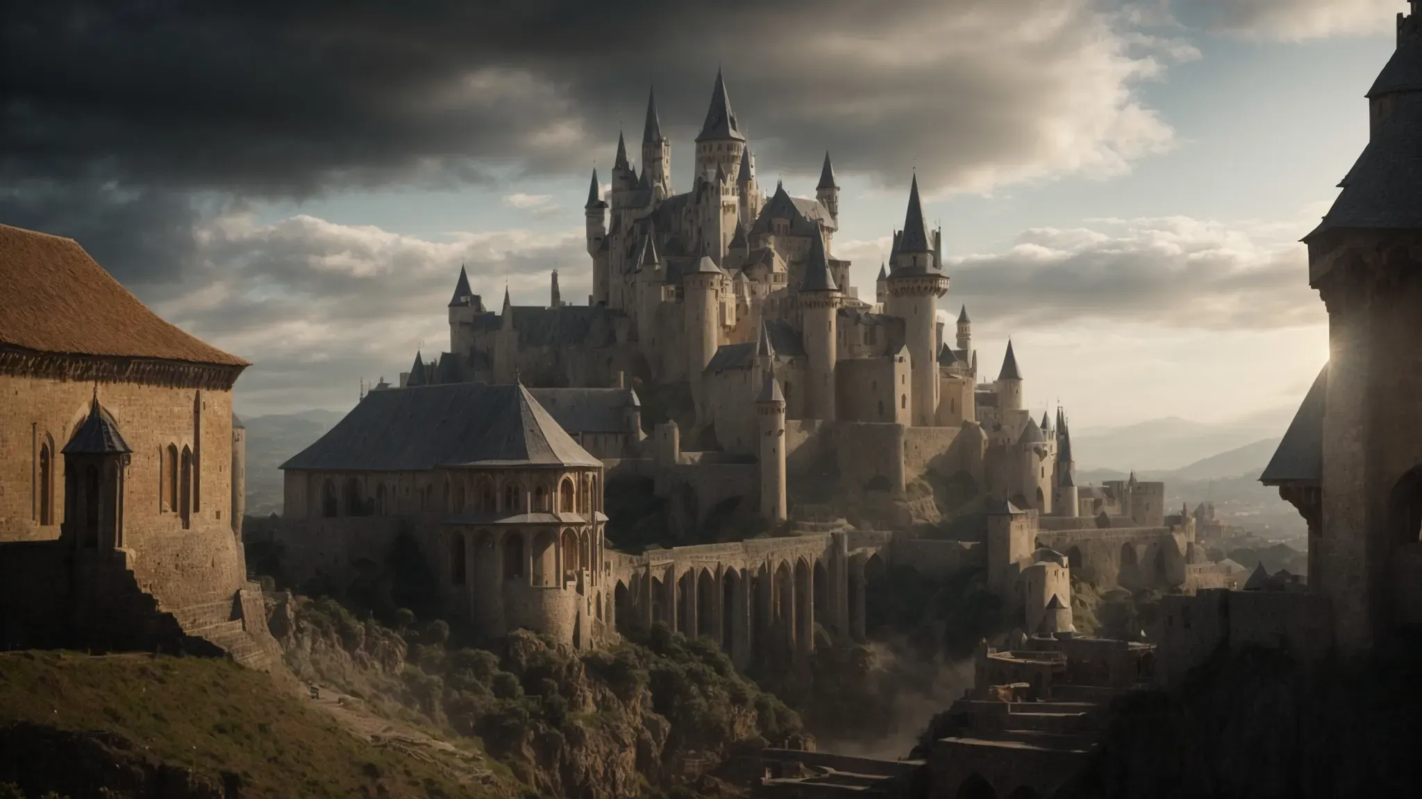 a wide-angle shot of a bustling film set where a medieval castle and futuristic cityscape stand side by side under a dramatic sky.
